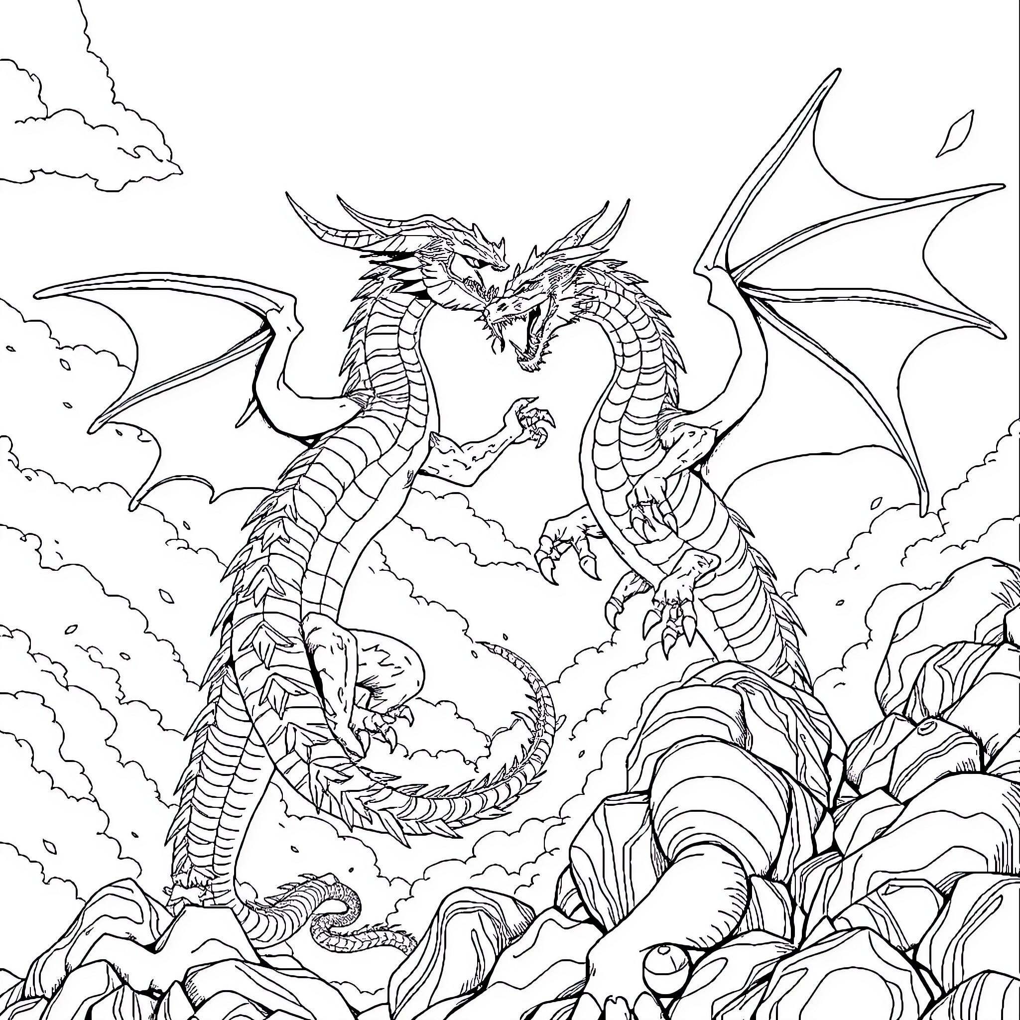Dragon displaying fierce expression on rocky terrain Coloring Page (free black-and-white line drawing printable PDF for all, from beginners to advanced learners, including children, teens, adults, and seniors)