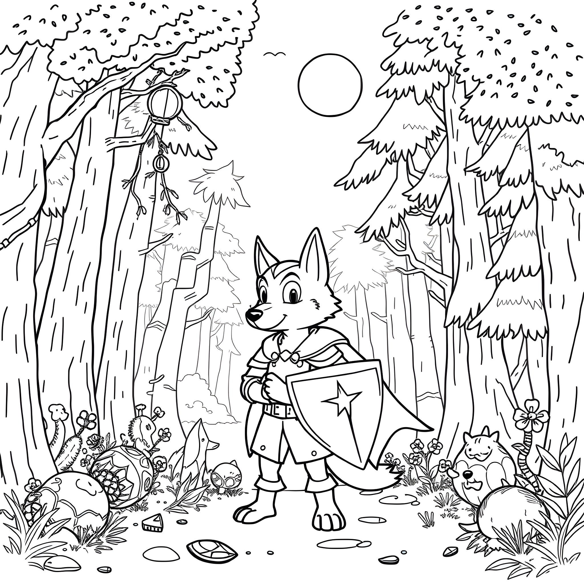 Wolf Exploring the Magical Forest Coloring Page (free black-and-white line drawing printable PDF for all, from beginners to advanced learners, including children, teens, adults, and seniors)