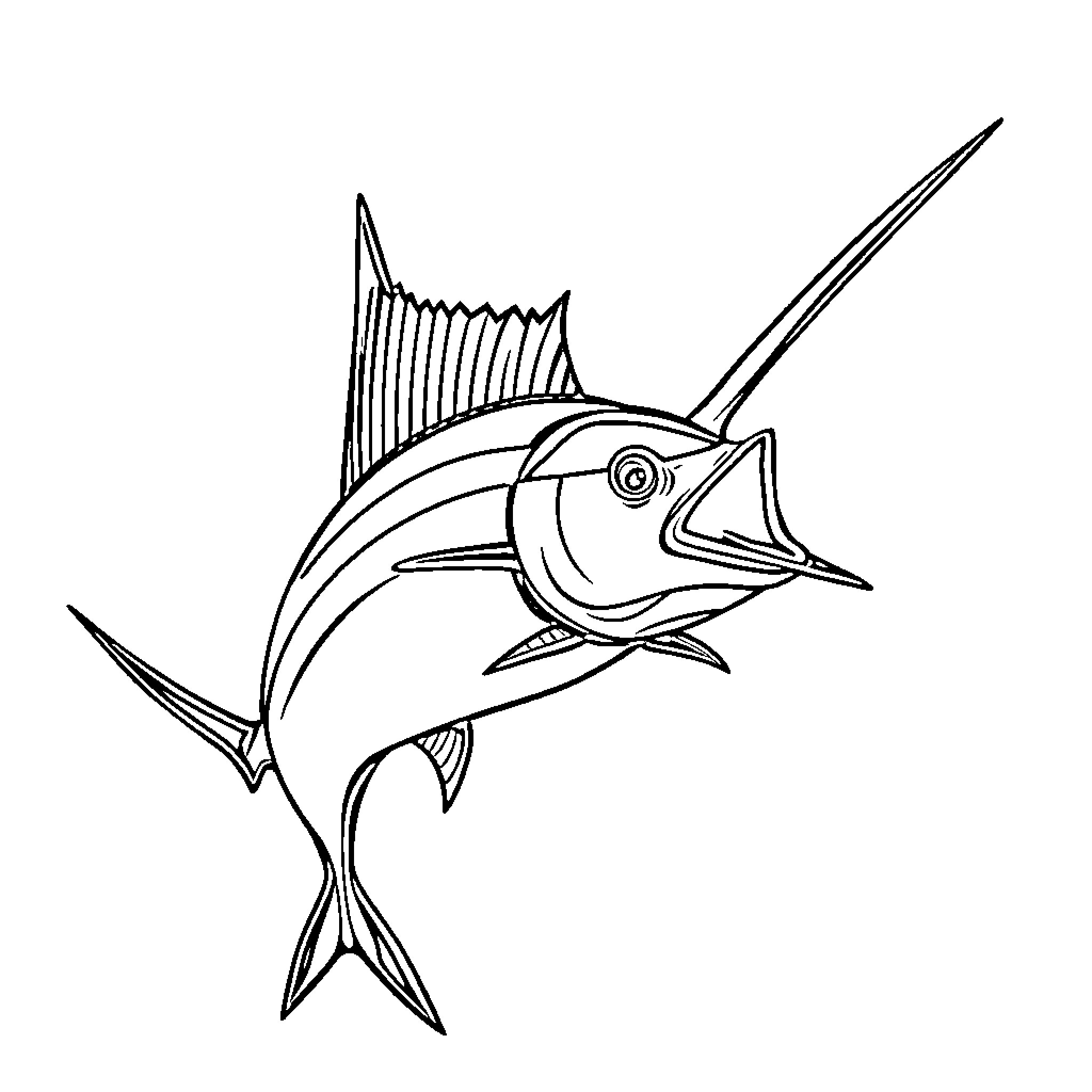 Marlin swimming with fins outstretched Coloring Page (free black-and-white line drawing printable PDF for all, from beginners to advanced learners, including children, teens, adults, and seniors)