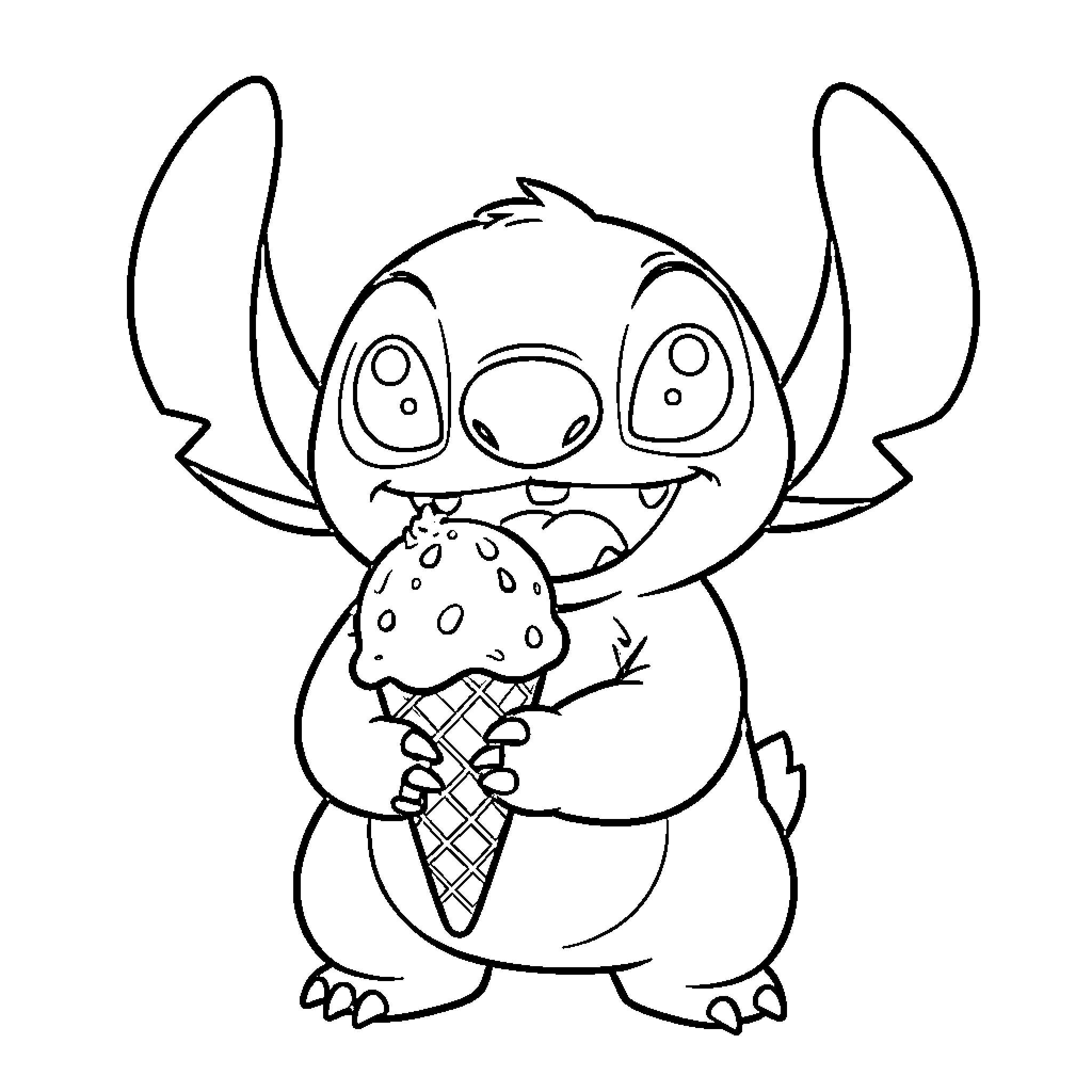 Stitch enjoying a tasty ice cream treat Coloring Page (free black-and-white line drawing printable PDF for all, from beginners to advanced learners, including children, teens, adults, and seniors)