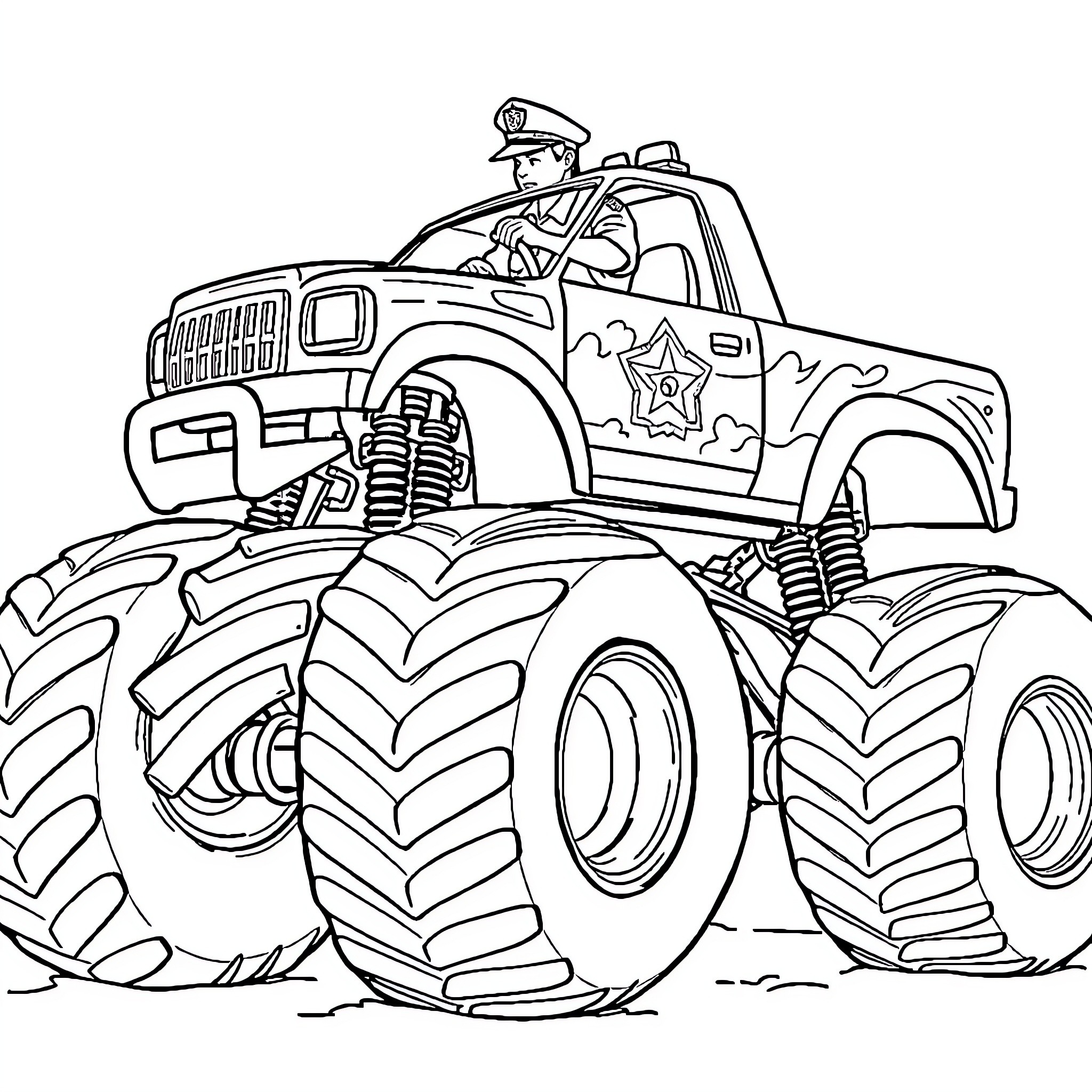 Police Officer Driving Monster Truck on Rugged Terrain Coloring Page (free black-and-white line drawing printable PDF for all, from beginners to advanced learners, including children, teens, adults, and seniors)