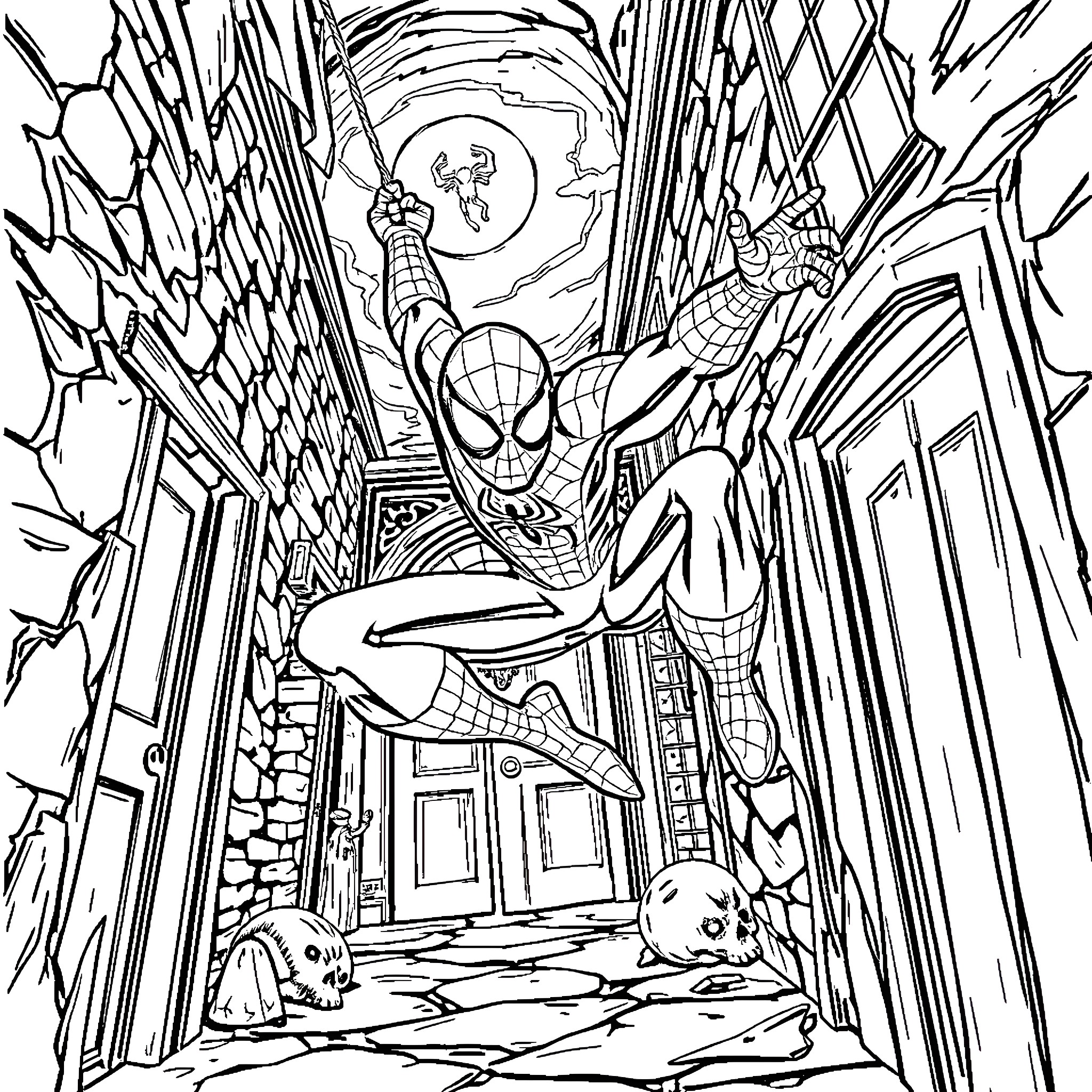 Spiderman swinging through a city landscape at night Coloring Page (free black-and-white line drawing printable PDF for all, from beginners to advanced learners, including children, teens, adults, and seniors)