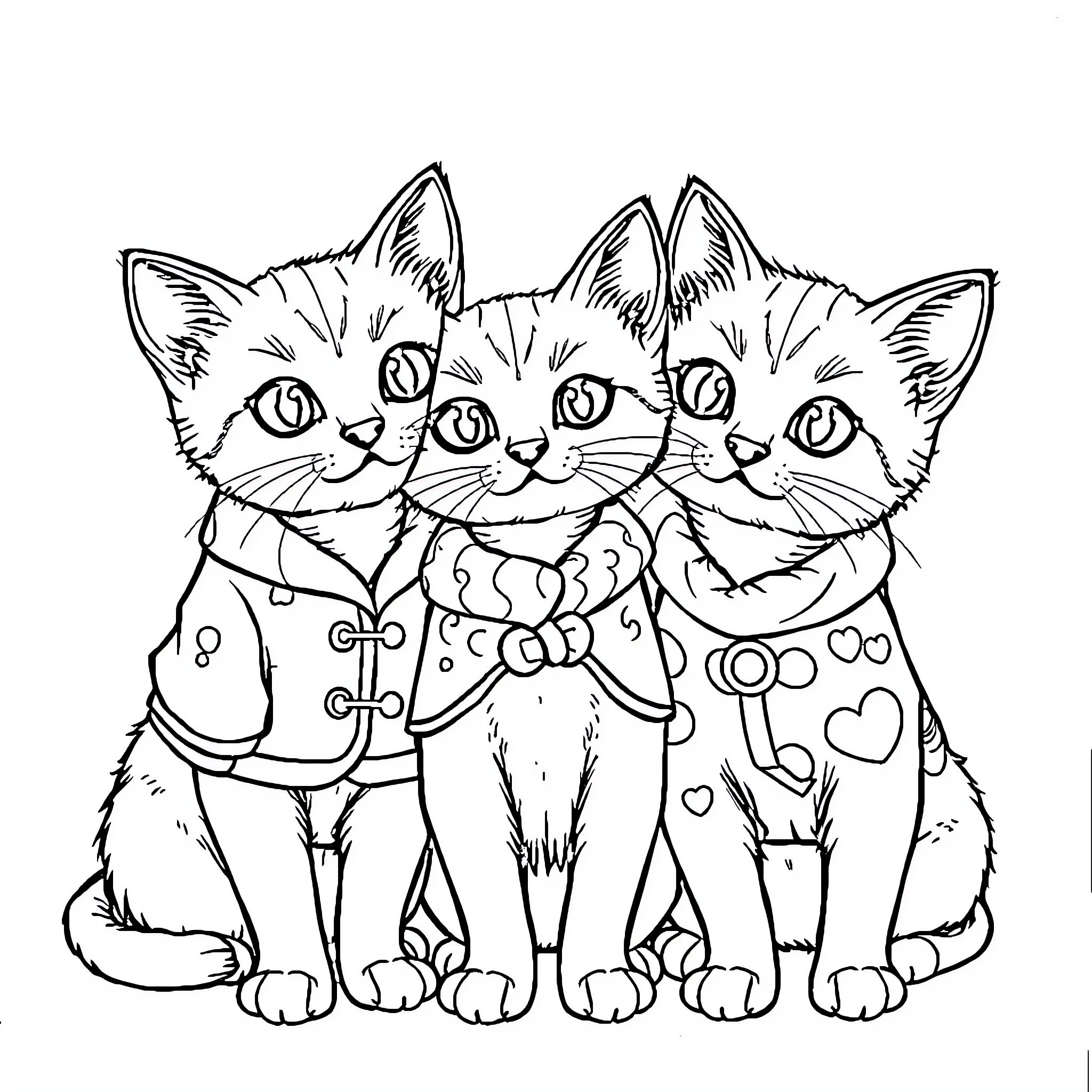 Kittens in Colorful Outfits Coloring Page (free black-and-white line drawing printable PDF for all, from beginners to advanced learners, including children, teens, adults, and seniors)