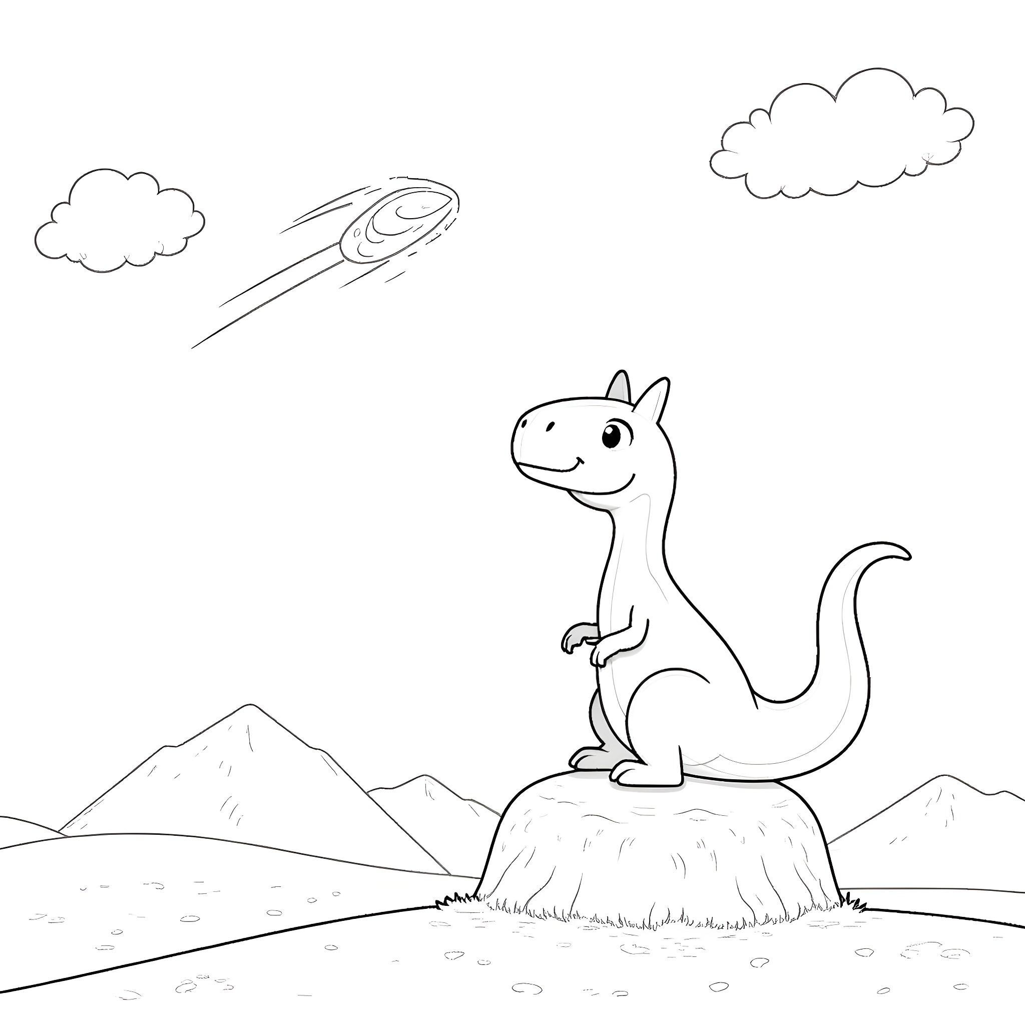 Dinosaur watching a spaceship in the sky Coloring Page (free black-and-white line drawing printable PDF for all, from beginners to advanced learners, including children, teens, adults, and seniors)
