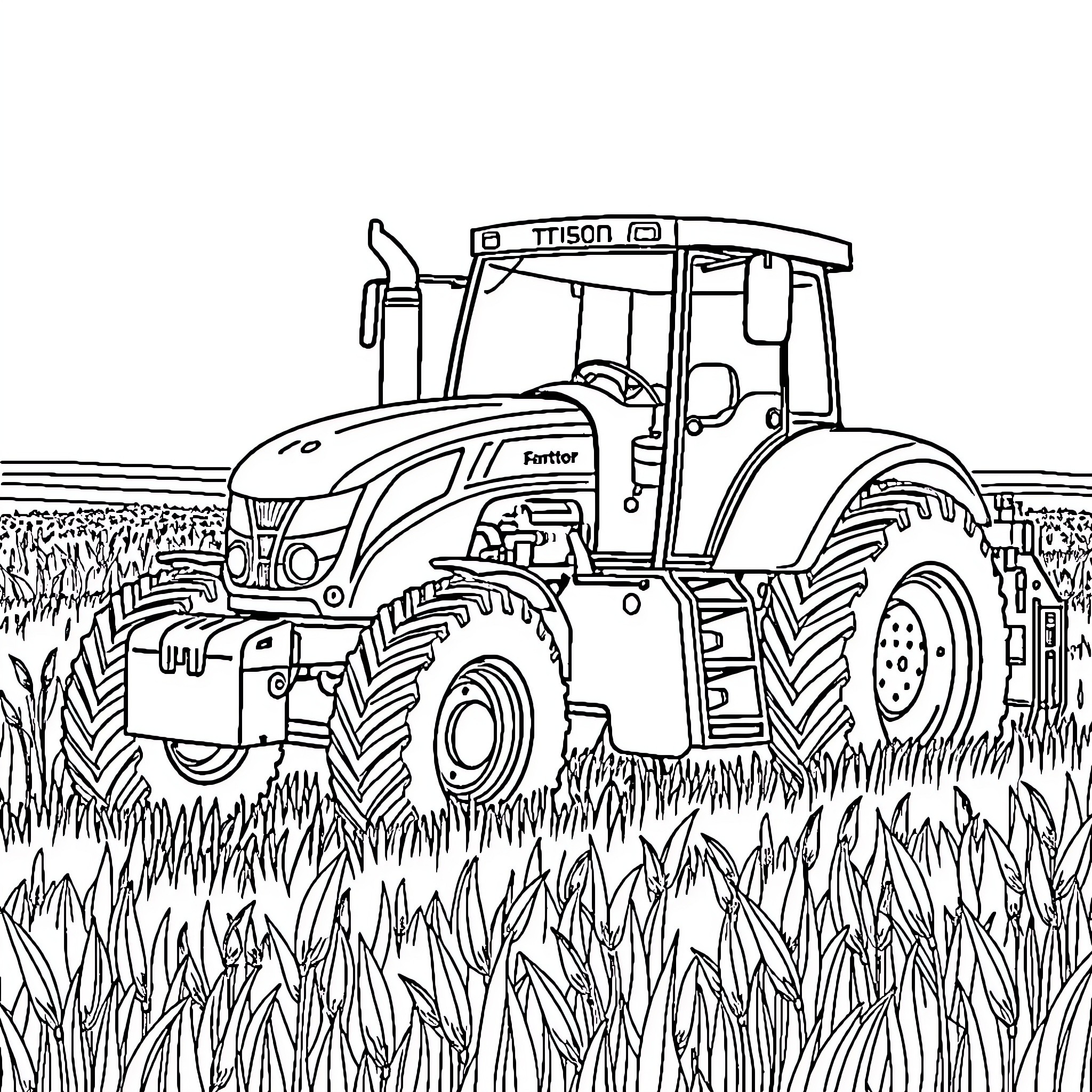 Tractor plowing through a grassy field Coloring Page (free black-and-white line drawing printable PDF for all, from beginners to advanced learners, including children, teens, adults, and seniors)