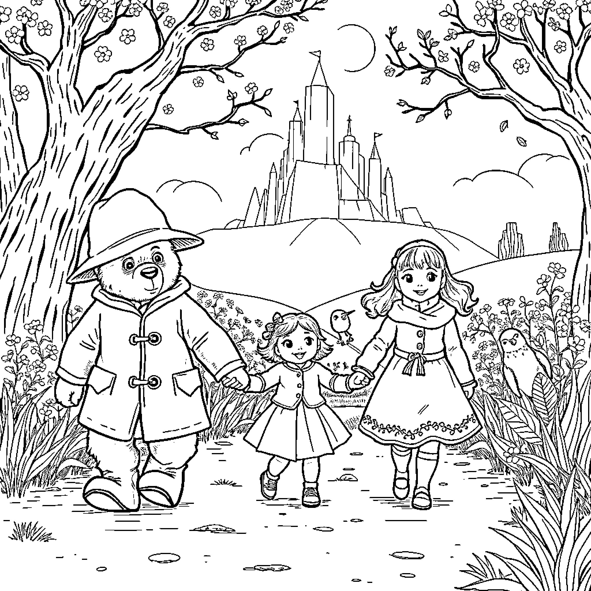 Paddington Bear and children in magical forest landscape Coloring Page (free black-and-white line drawing printable PDF for all, from beginners to advanced learners, including children, teens, adults, and seniors)