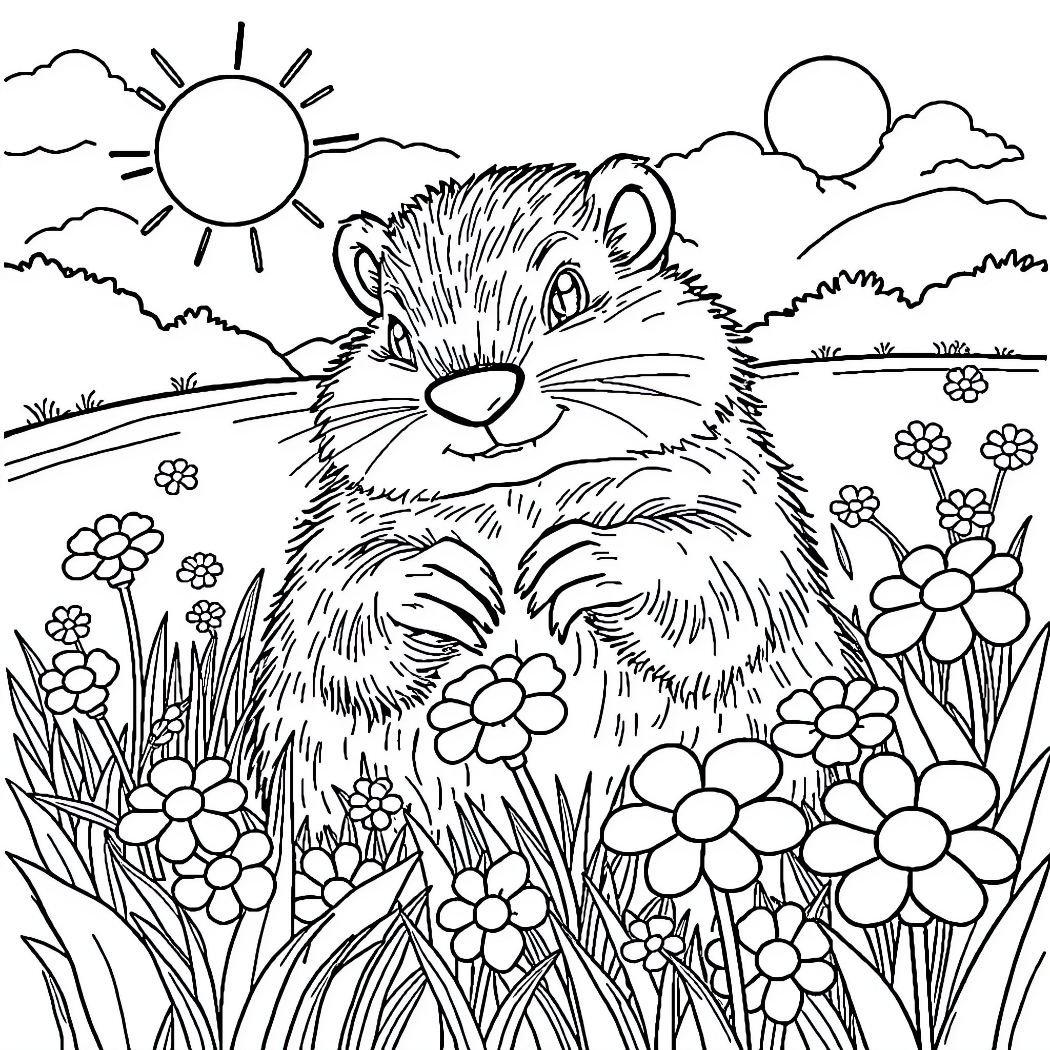 Groundhog enjoying a sunny day in a flower-filled meadow Coloring Page (free black-and-white line drawing printable PDF for all, from beginners to advanced learners, including children, teens, adults, and seniors)