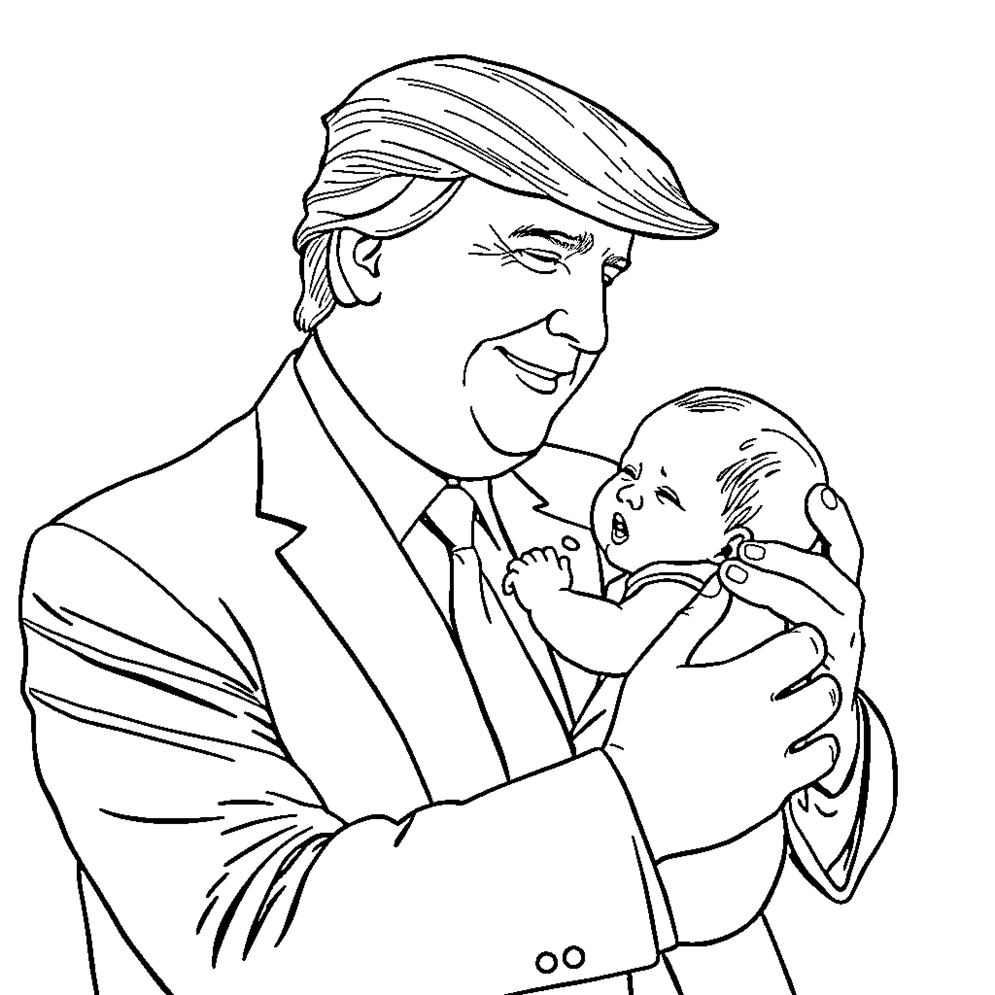 Donald Trump Embracing a Child with Care Coloring Page (free black-and-white line drawing printable PDF for all, from beginners to advanced learners, including children, teens, adults, and seniors)