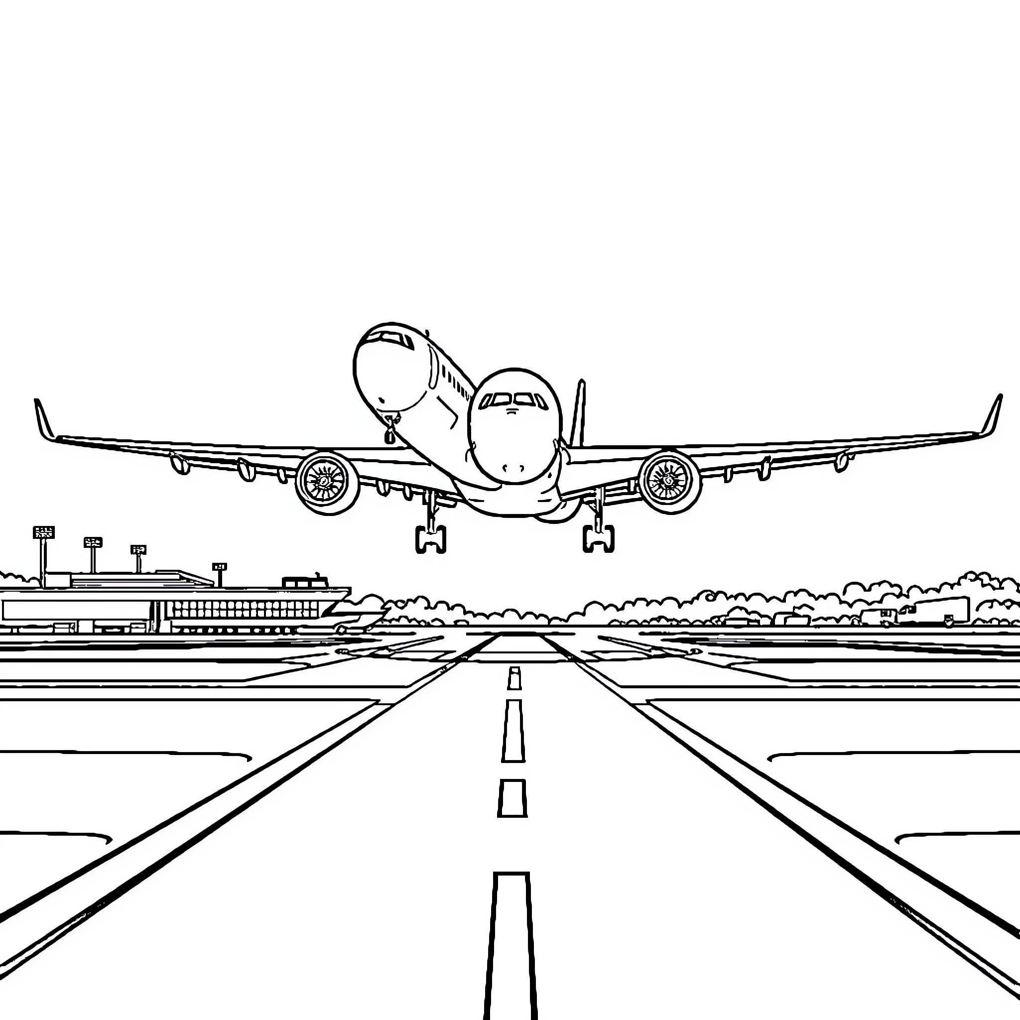 Plane taking off from airport runway Coloring Page (free black-and-white line drawing printable PDF for all, from beginners to advanced learners, including children, teens, adults, and seniors)