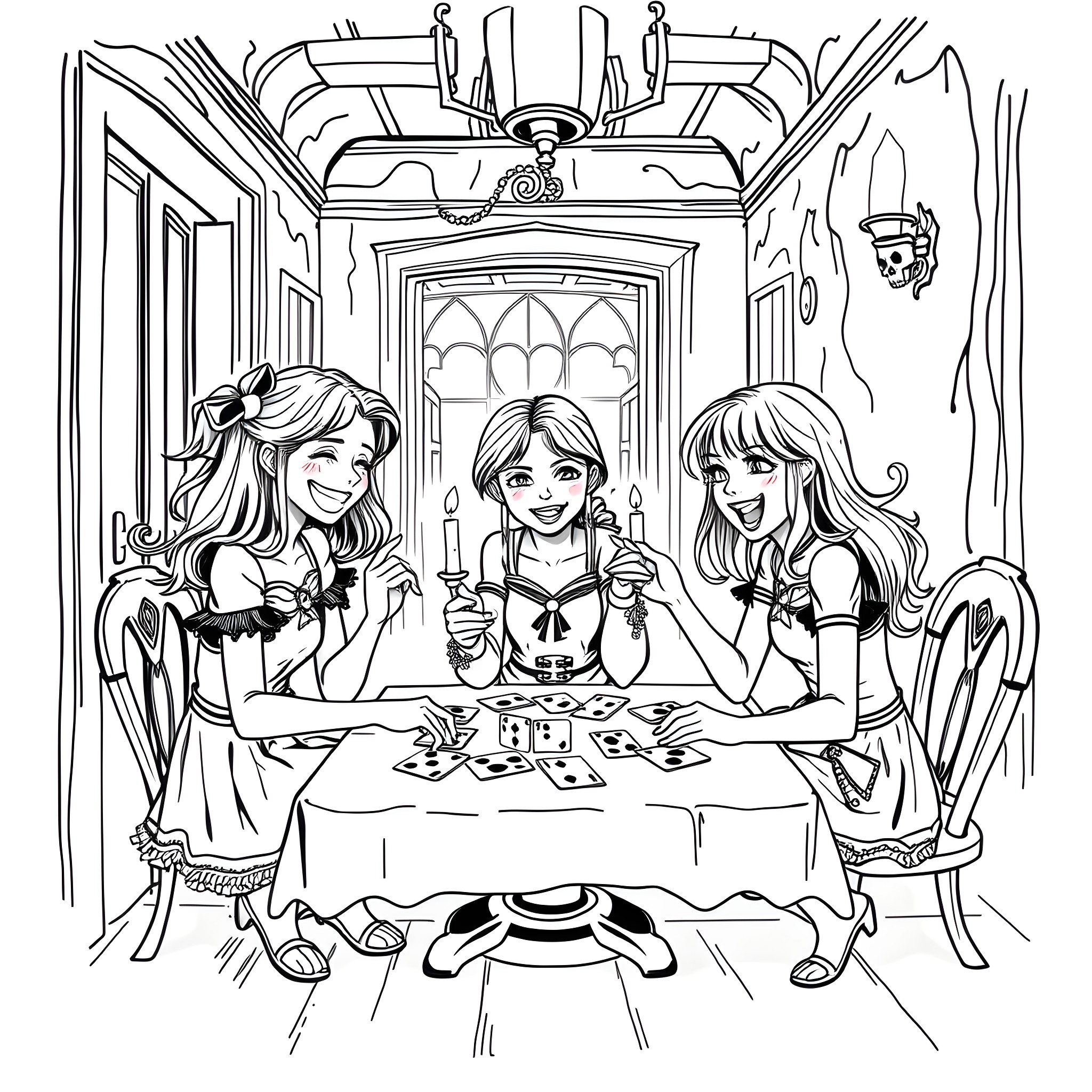 Girls enjoying a cozy game night together Coloring Page (free black-and-white line drawing printable PDF for all, from beginners to advanced learners, including children, teens, adults, and seniors)
