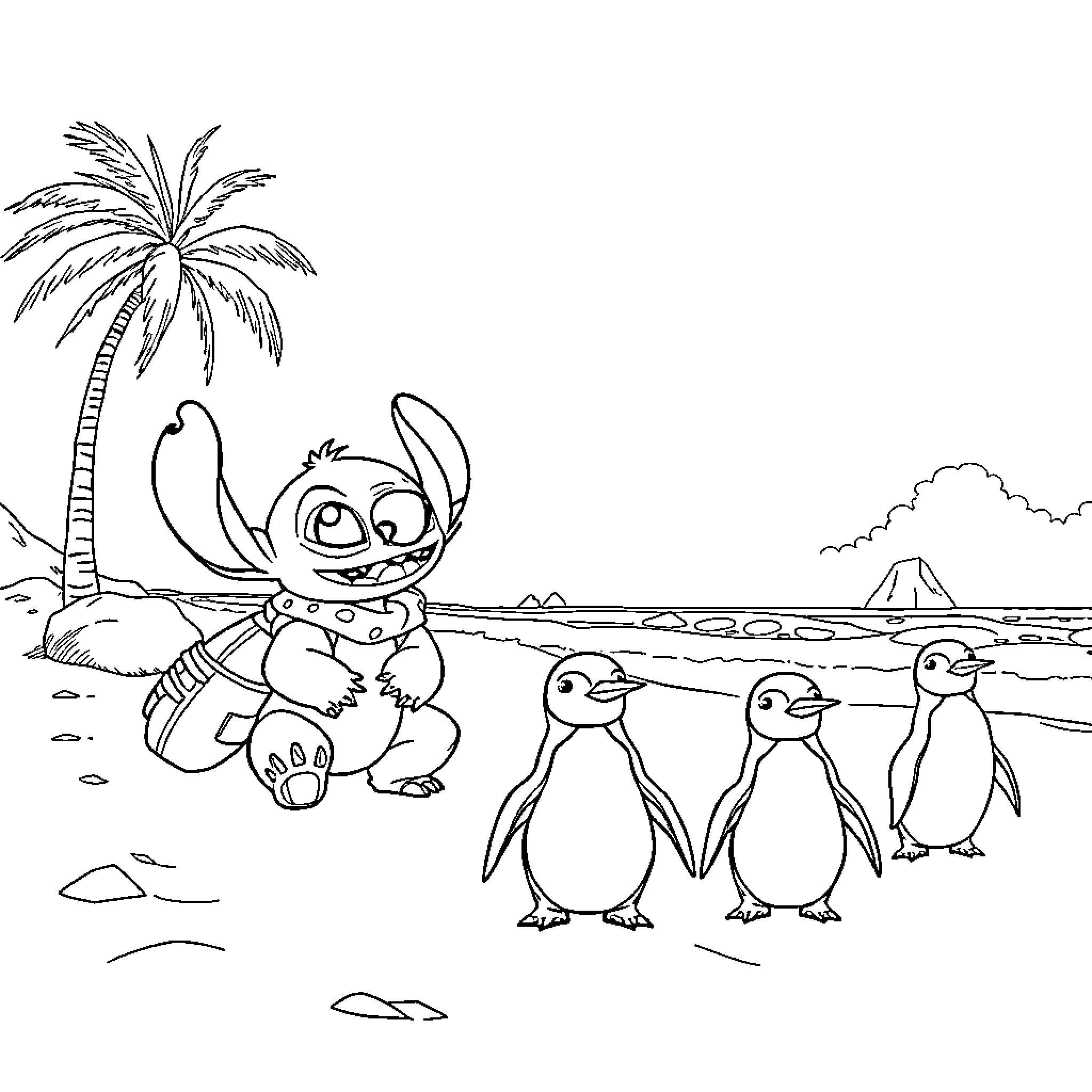Lilo playing with penguins on a tropical beach Coloring Page (free black-and-white line drawing printable PDF for all, from beginners to advanced learners, including children, teens, adults, and seniors)