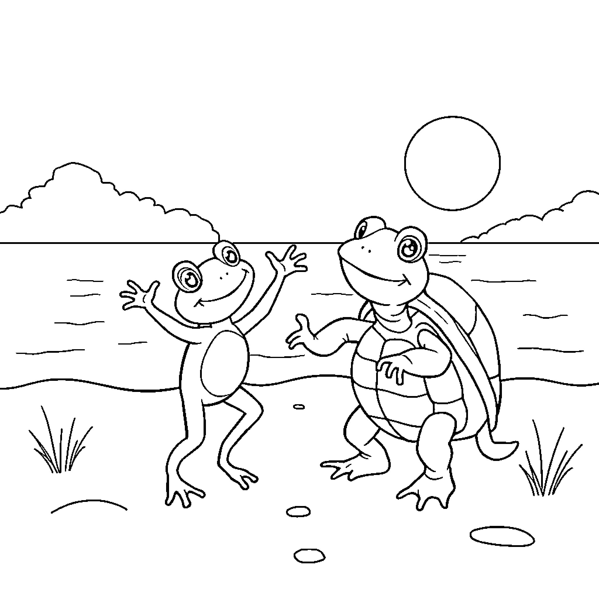 Frogs Dancing Joyfully in the Moonlight Coloring Page (free black-and-white line drawing printable PDF for all, from beginners to advanced learners, including children, teens, adults, and seniors)