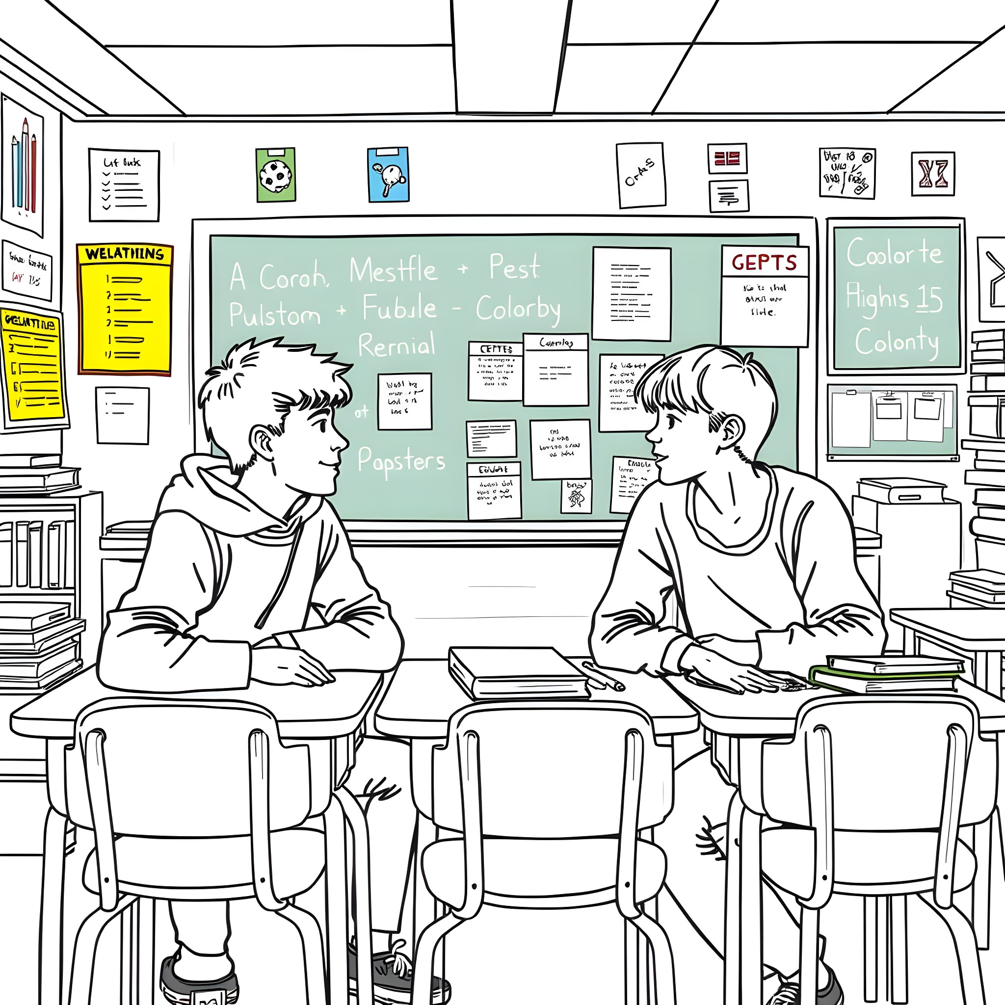 Teenagers in a lively classroom discussion Coloring Page (free black-and-white line drawing printable PDF for all, from beginners to advanced learners, including children, teens, adults, and seniors)