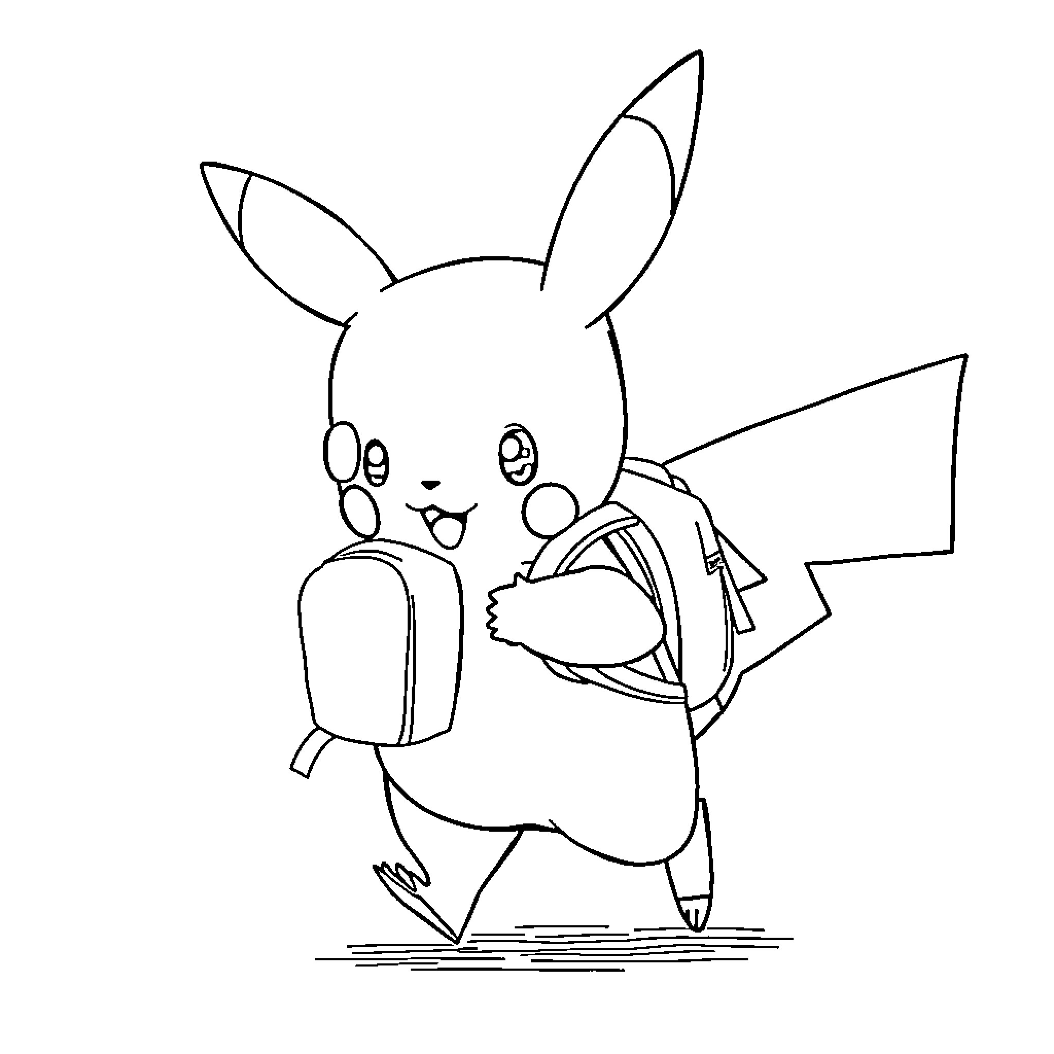 Pikachu running with a bag Coloring Page (free black-and-white line drawing printable PDF for all, from beginners to advanced learners, including children, teens, adults, and seniors)