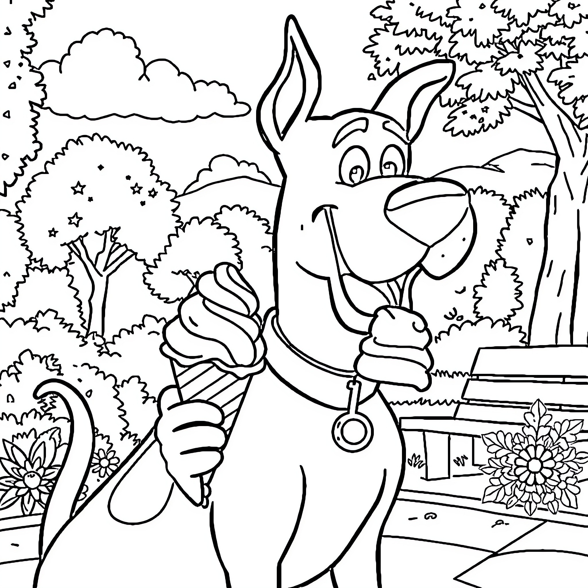 Scooby Doo enjoying an ice cream in the park Coloring Page (free black-and-white line drawing printable PDF for all, from beginners to advanced learners, including children, teens, adults, and seniors)