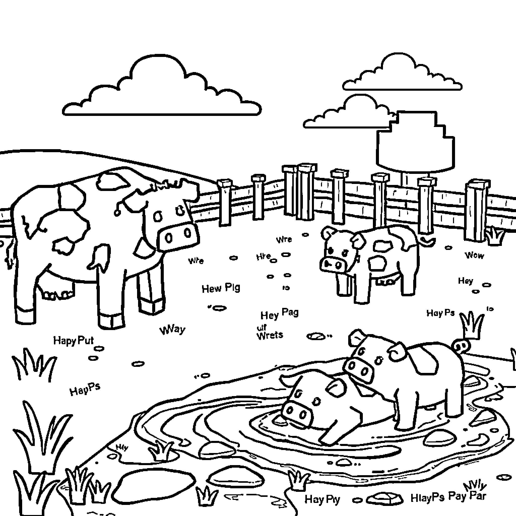 Farm animals playing in a pastoral scene Coloring Page (free black-and-white line drawing printable PDF for all, from beginners to advanced learners, including children, teens, adults, and seniors)