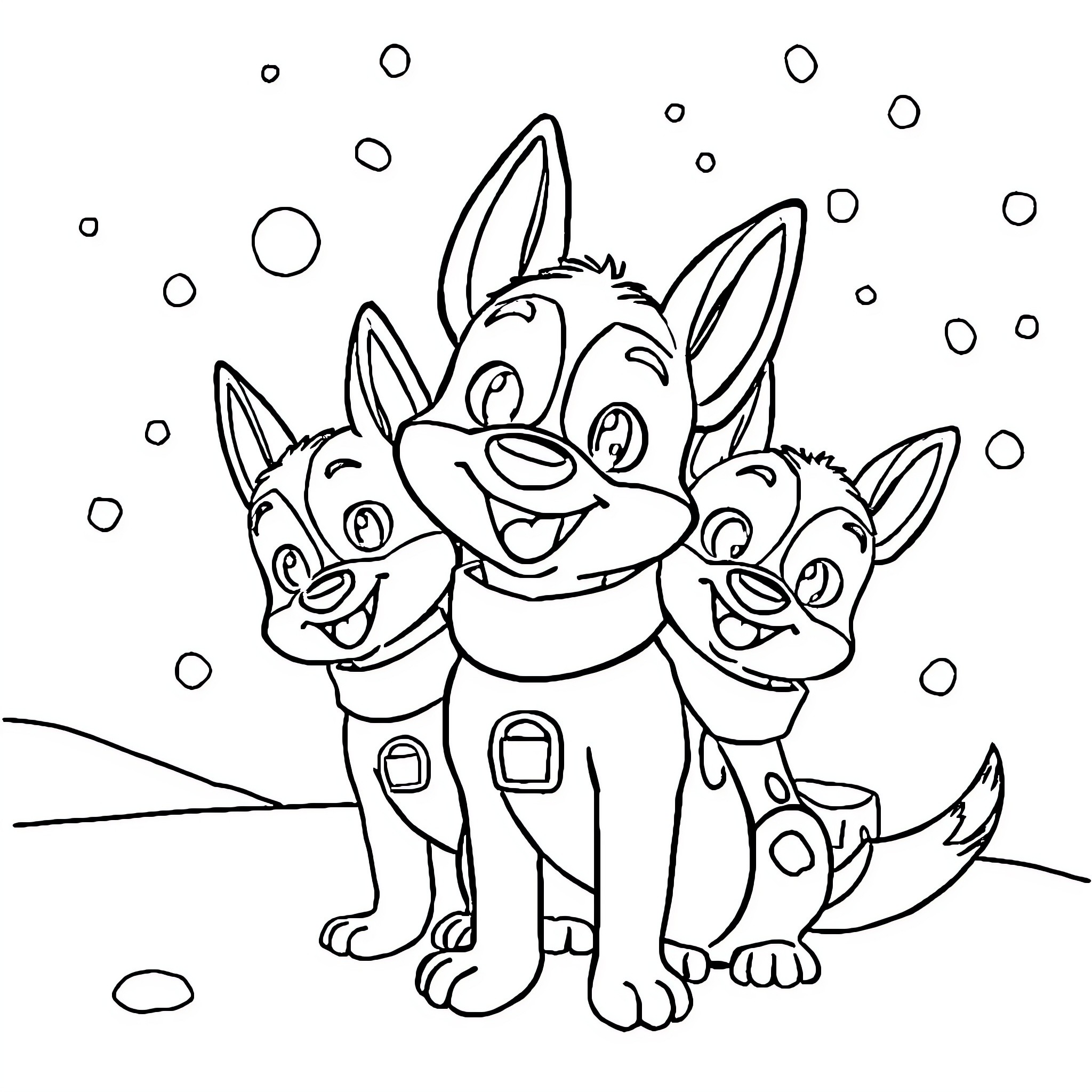 Paw Patrol pups playing in the snow Coloring Page (free black-and-white line drawing printable PDF for all, from beginners to advanced learners, including children, teens, adults, and seniors)