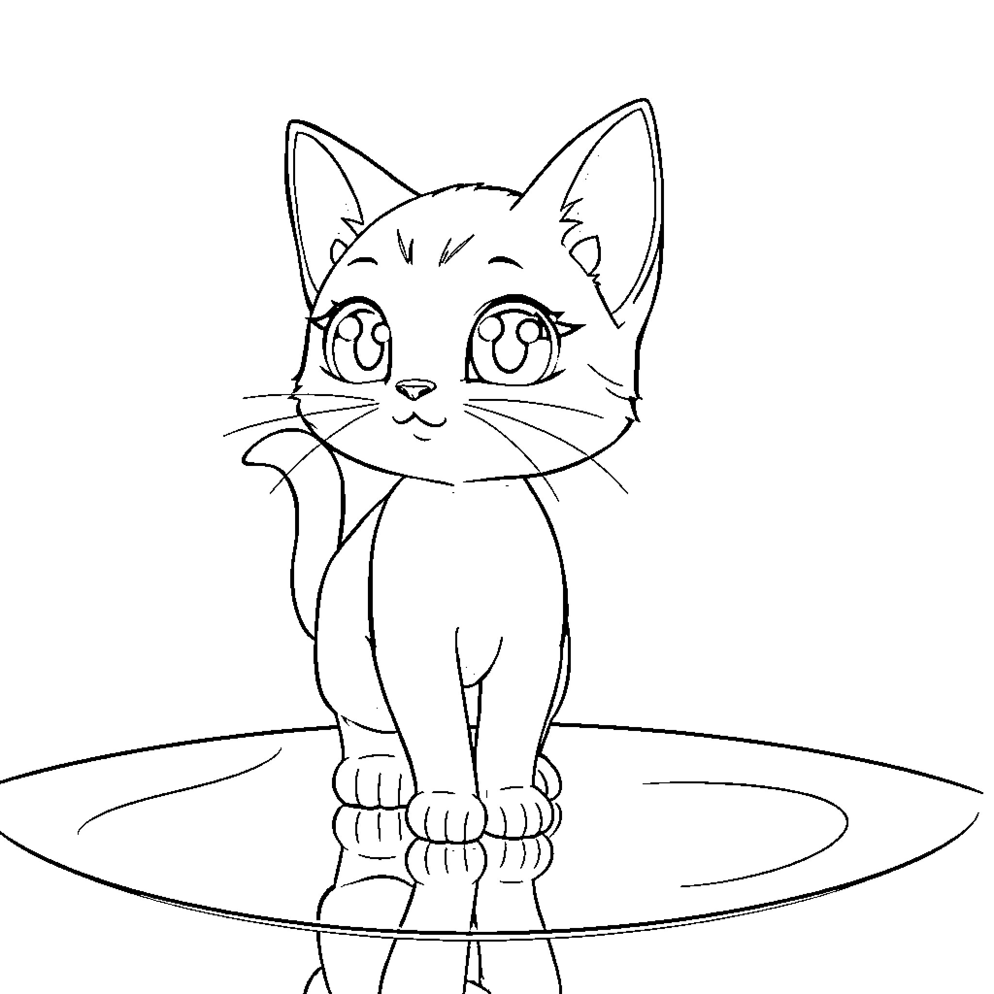 Cat sitting happily on a lily pad Coloring Page (free black-and-white line drawing printable PDF for all, from beginners to advanced learners, including children, teens, adults, and seniors)