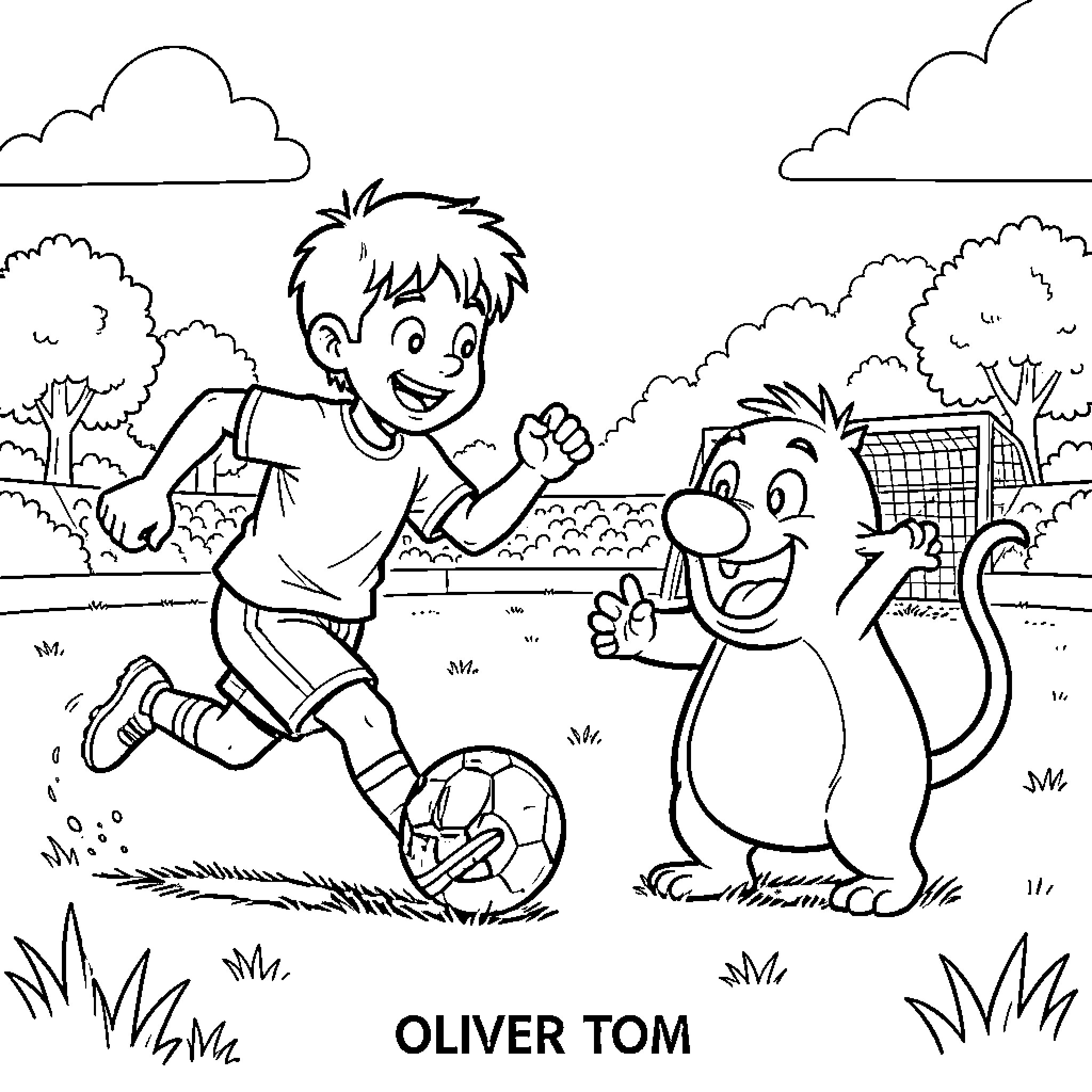 Olivier playing soccer with a friendly little creature Coloring Page (free black-and-white line drawing printable PDF for all, from beginners to advanced learners, including children, teens, adults, and seniors)