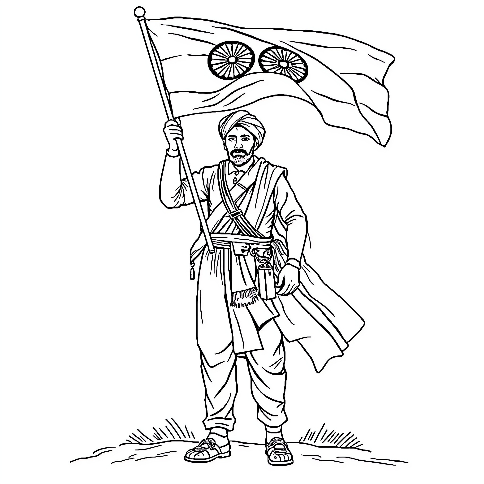 Freedomfighter waving patriotic flag with determination Coloring Page (free black-and-white line drawing printable PDF for all, from beginners to advanced learners, including children, teens, adults, and seniors)
