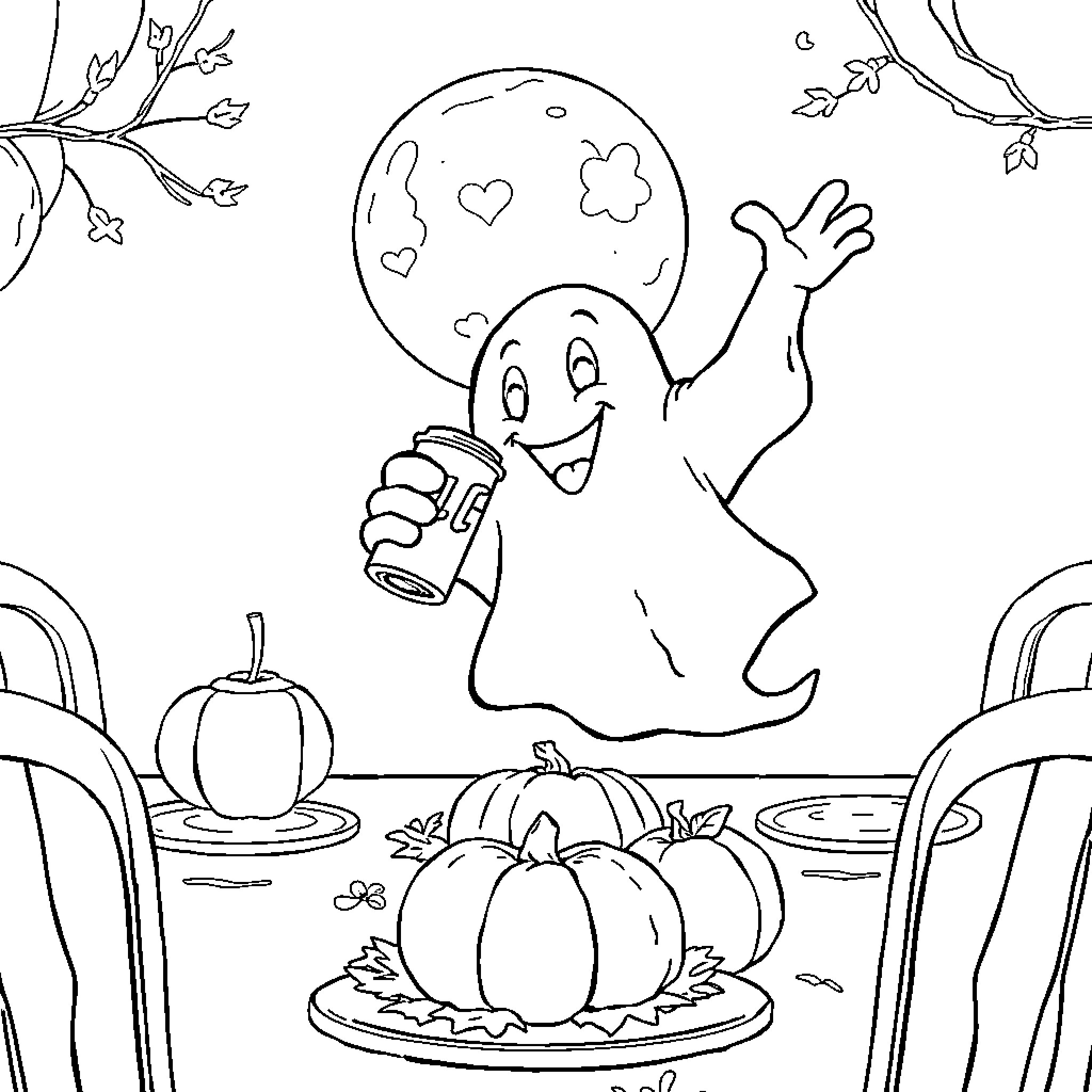 Ghost happily celebrating Halloween with pumpkins Coloring Page (free black-and-white line drawing printable PDF for all, from beginners to advanced learners, including children, teens, adults, and seniors)