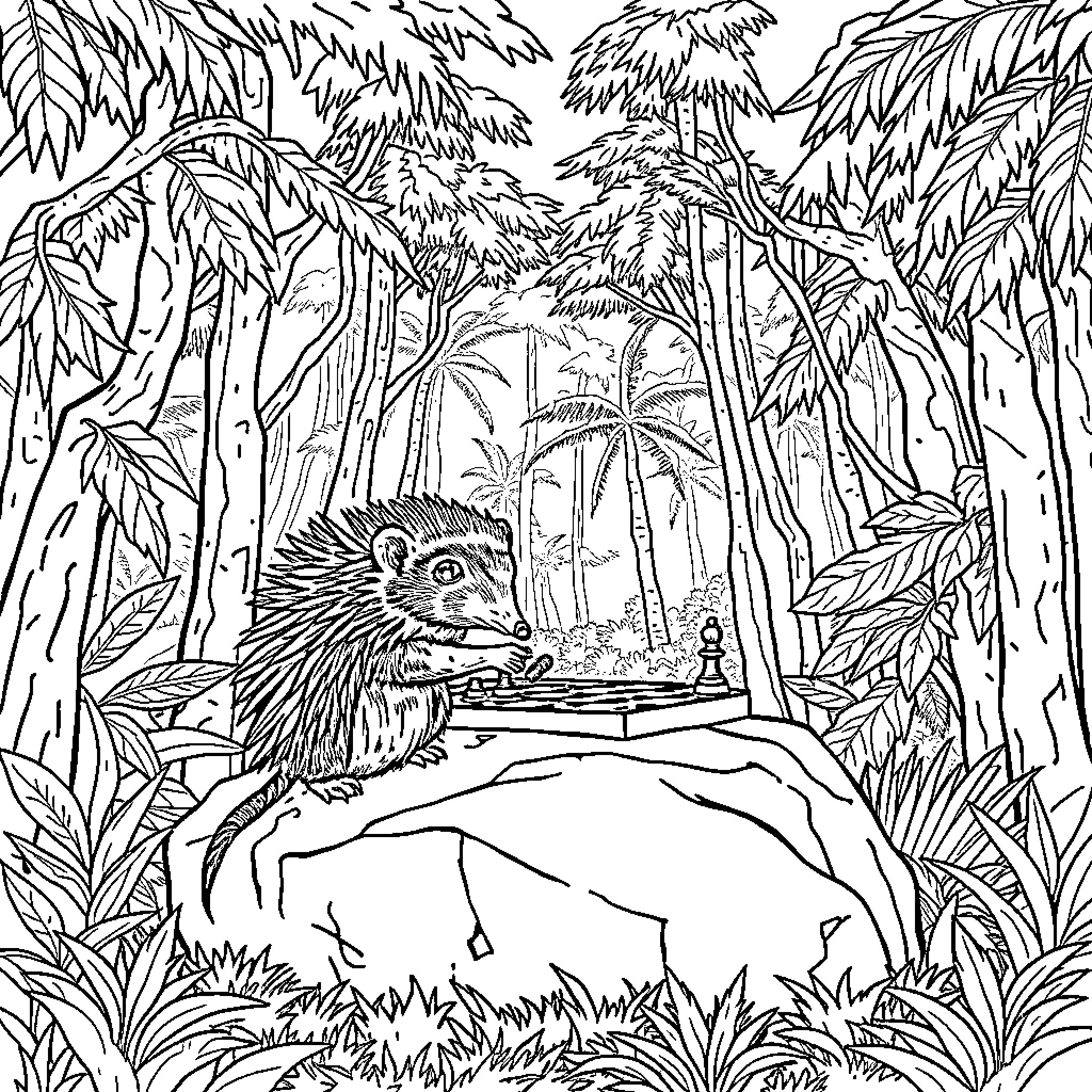 Porcupine Exploring the Lush Forest Landscape Coloring Page (free black-and-white line drawing printable PDF for all, from beginners to advanced learners, including children, teens, adults, and seniors)