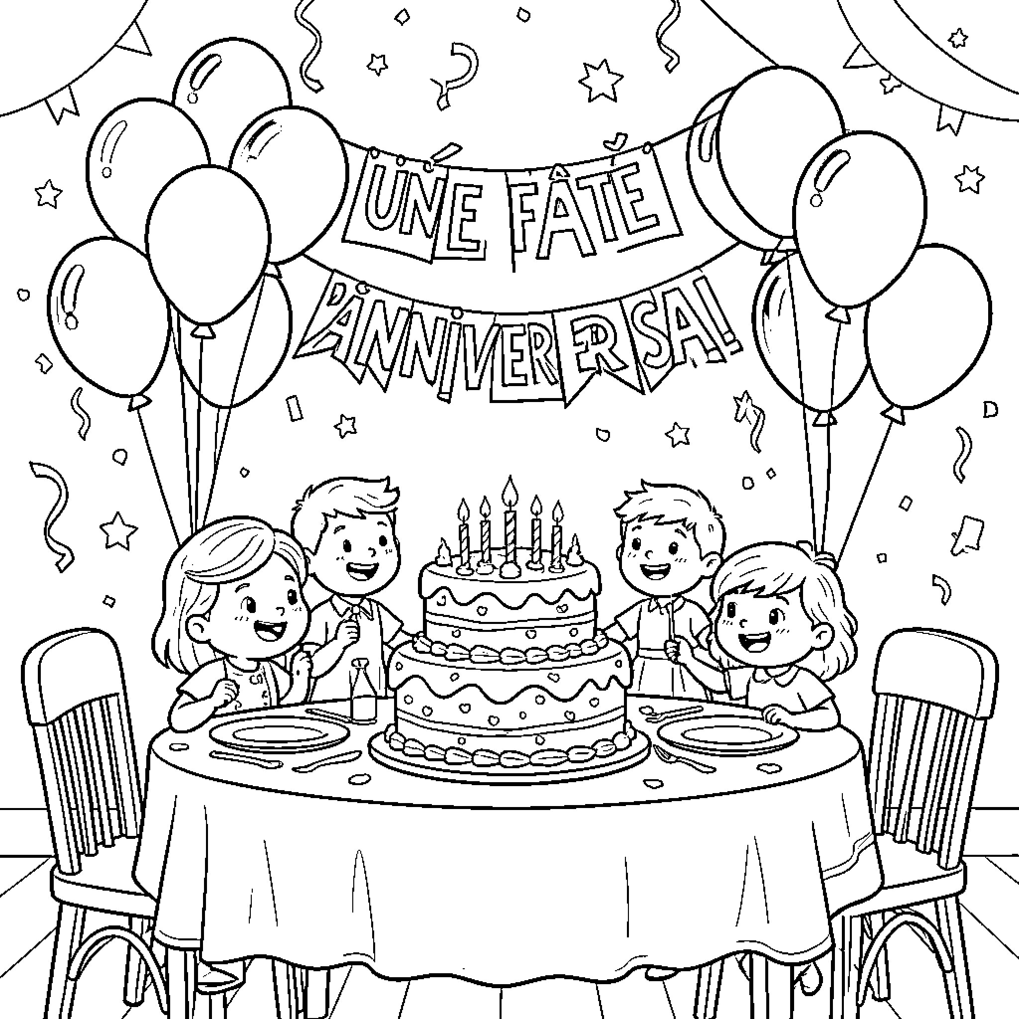 Birthday Party Celebration with Family Coloring Page (free black-and-white line drawing printable PDF for all, from beginners to advanced learners, including children, teens, adults, and seniors)