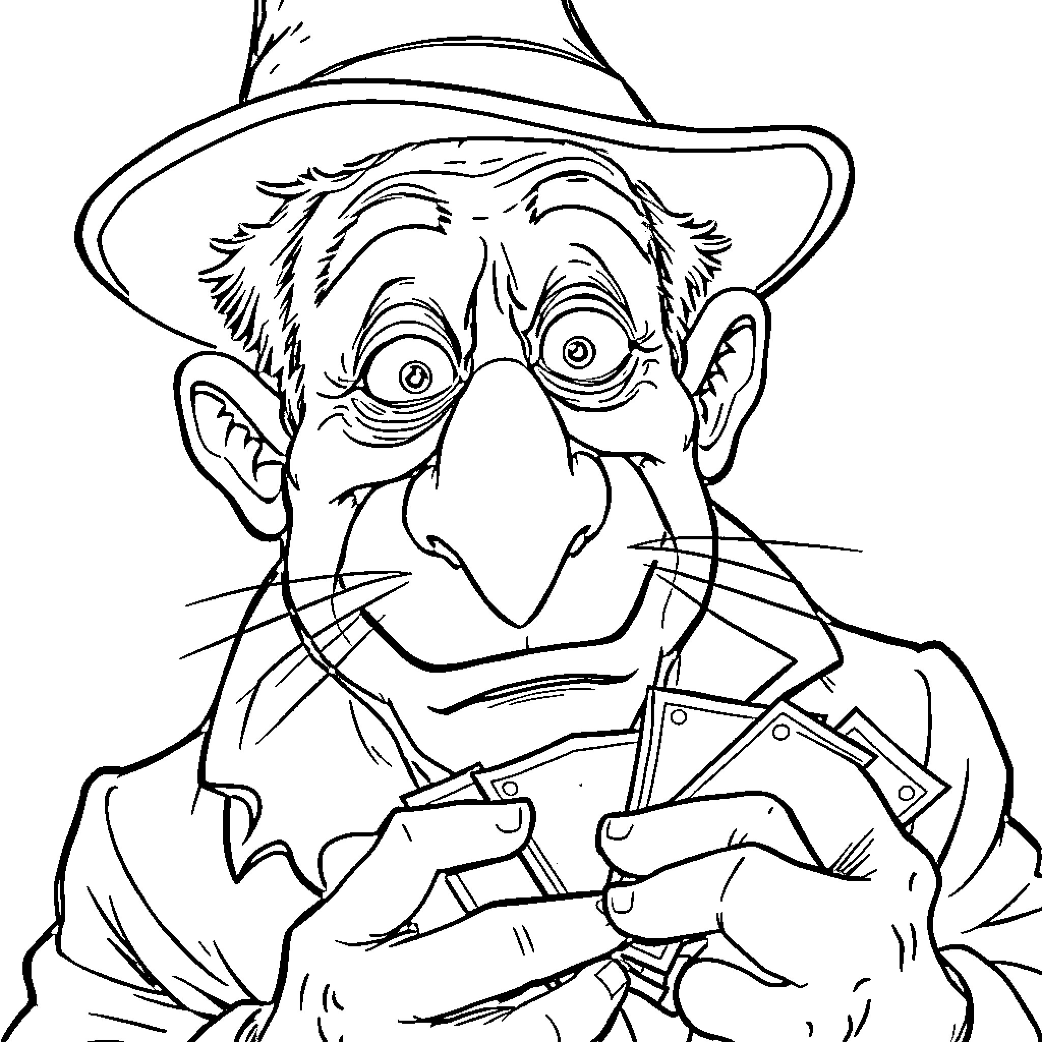 Guy in Suspicious Outfit with Gloved Hands Coloring Page (free black-and-white line drawing printable PDF for all, from beginners to advanced learners, including children, teens, adults, and seniors)