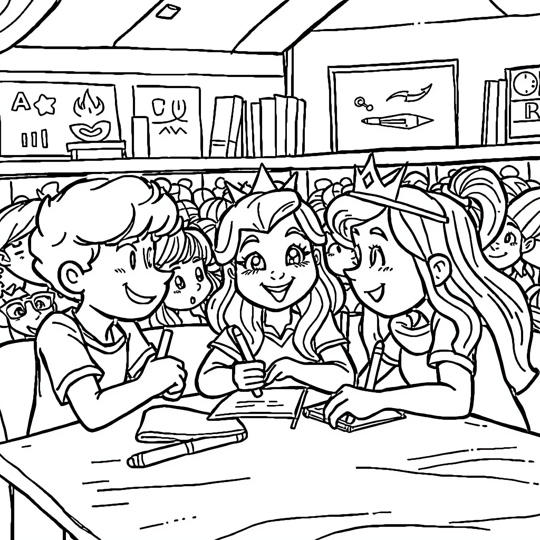 Mac Queen's Classroom Full of Lively Students Coloring Page (free black-and-white line drawing printable PDF for all, from beginners to advanced learners, including children, teens, adults, and seniors)