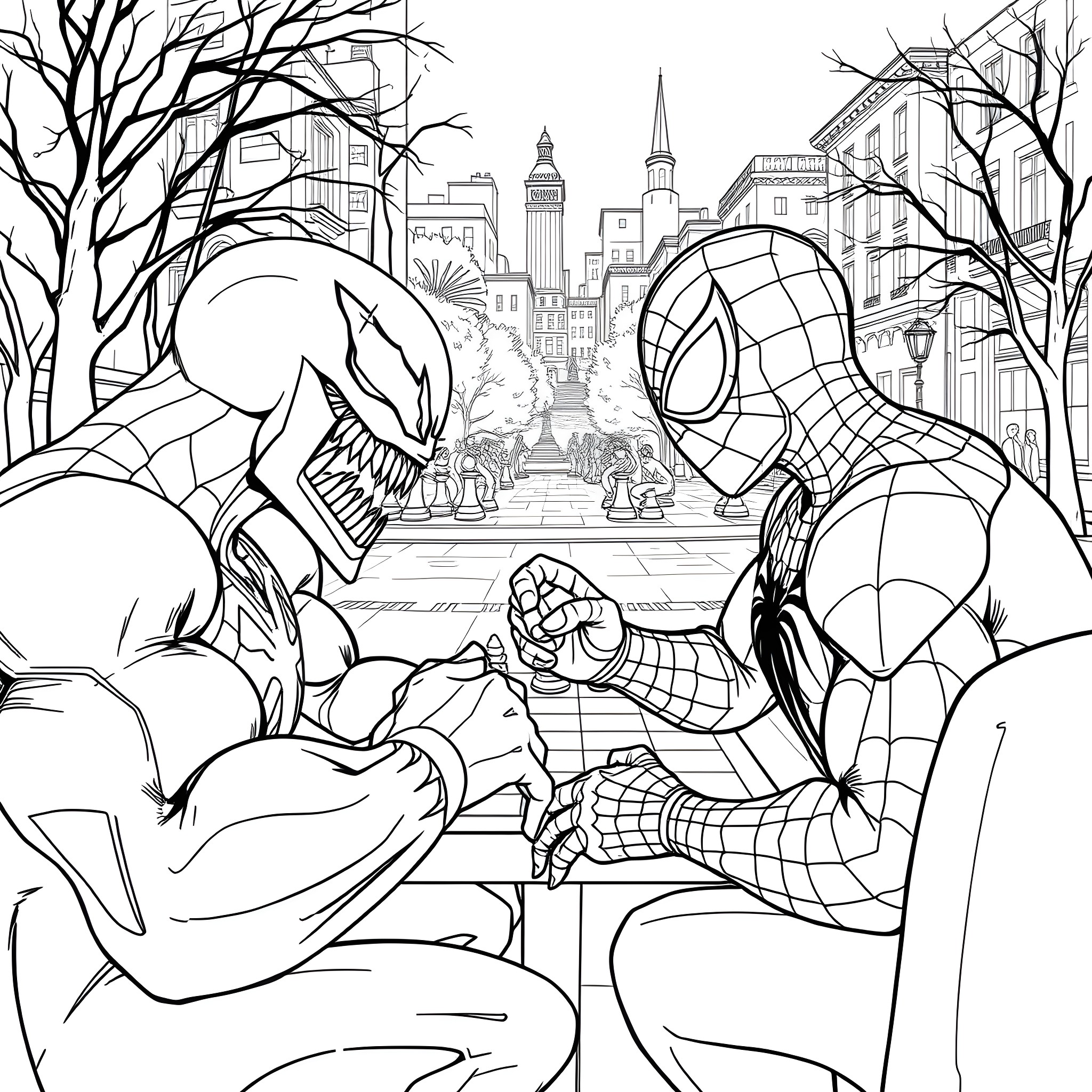 Venom and Spider-Man facing off in the city Coloring Page (free black-and-white line drawing printable PDF for all, from beginners to advanced learners, including children, teens, adults, and seniors)