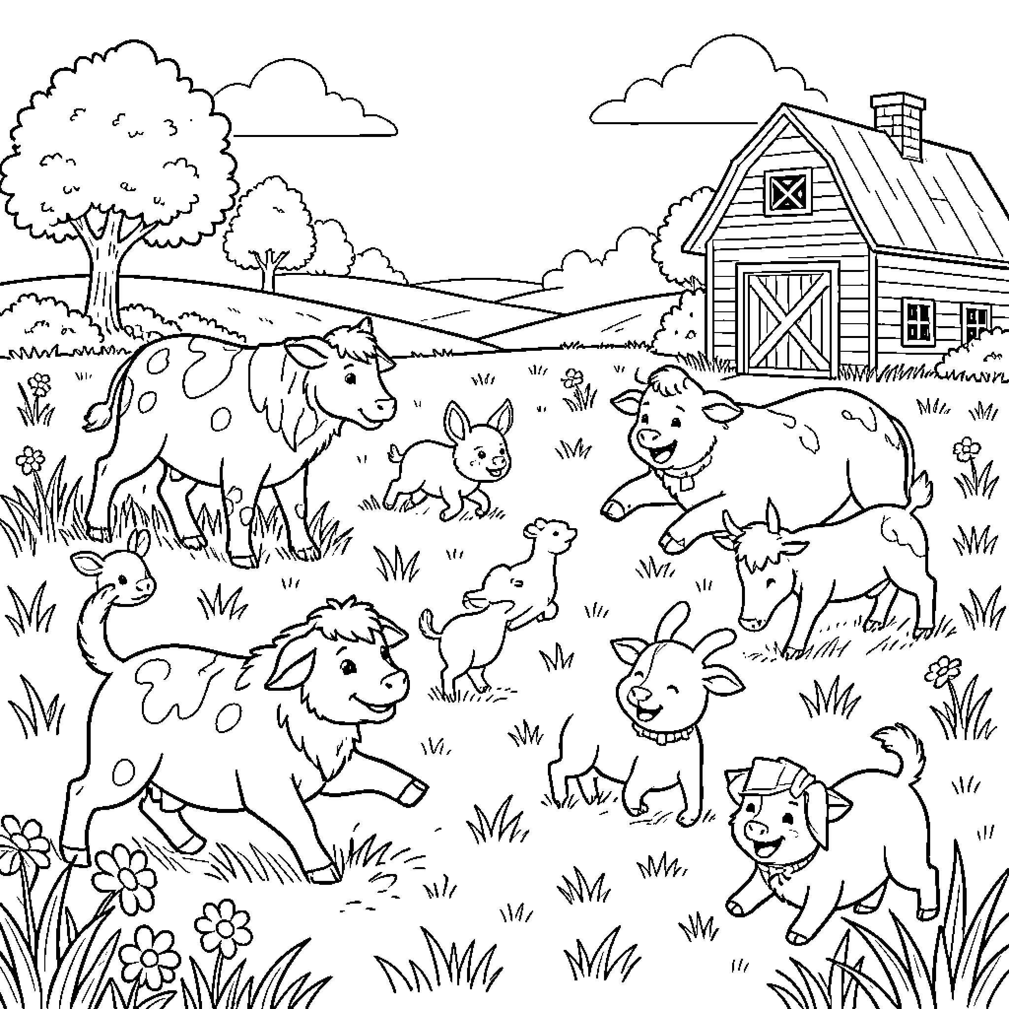 Farm Animal friends playing together in a meadow Coloring Page (free black-and-white line drawing printable PDF for all, from beginners to advanced learners, including children, teens, adults, and seniors)