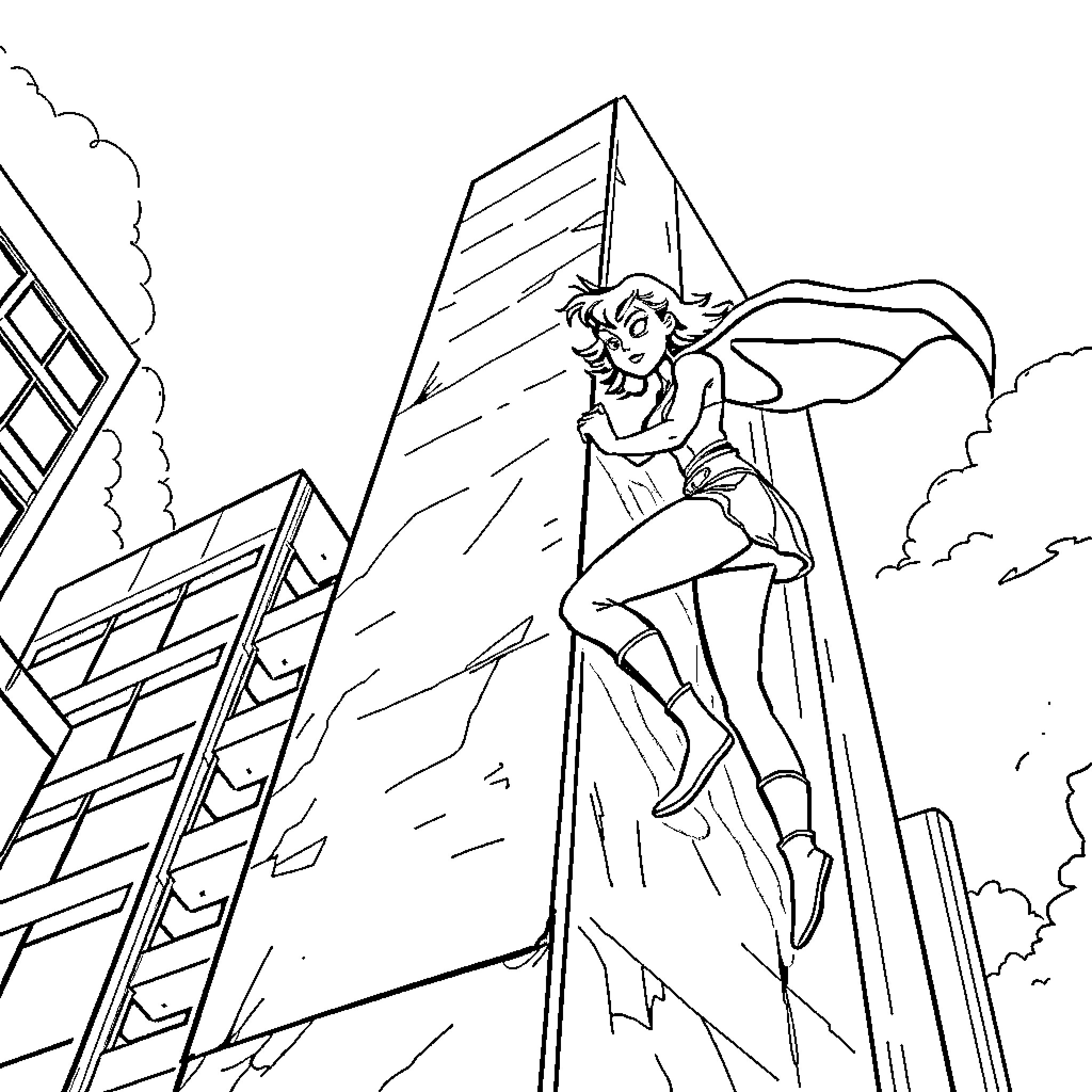 Girl Superhero saving city from disaster Coloring Page (free black-and-white line drawing printable PDF for all, from beginners to advanced learners, including children, teens, adults, and seniors)