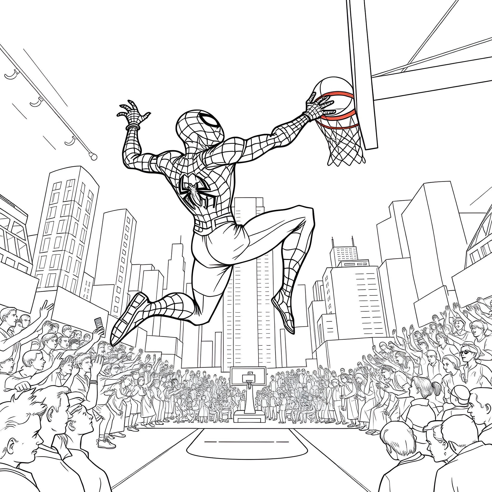 Spider-Man leaping and scoring a basketball shot in the city Coloring Page (free black-and-white line drawing printable PDF for all, from beginners to advanced learners, including children, teens, adults, and seniors)