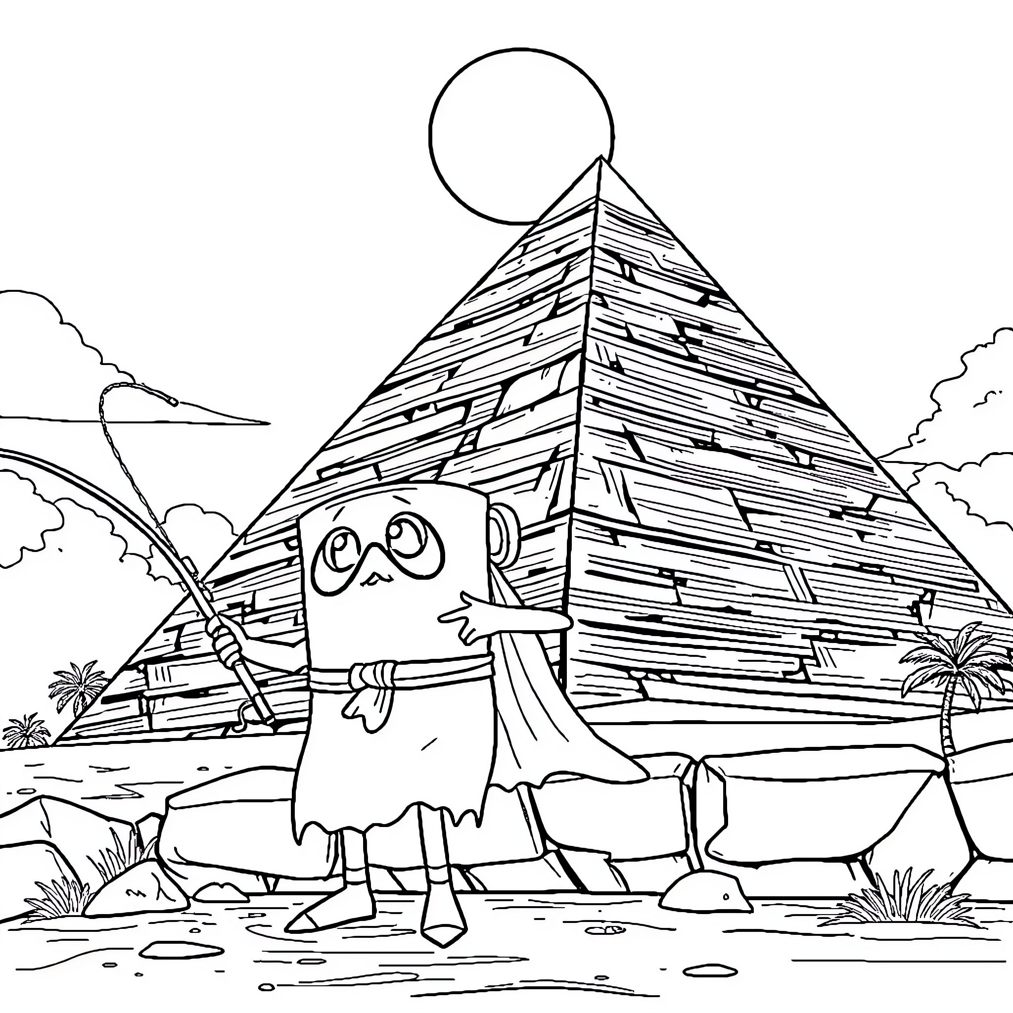 Toilet Paper Creature Exploring Ancient Pyramid Coloring Page (free black-and-white line drawing printable PDF for all, from beginners to advanced learners, including children, teens, adults, and seniors)