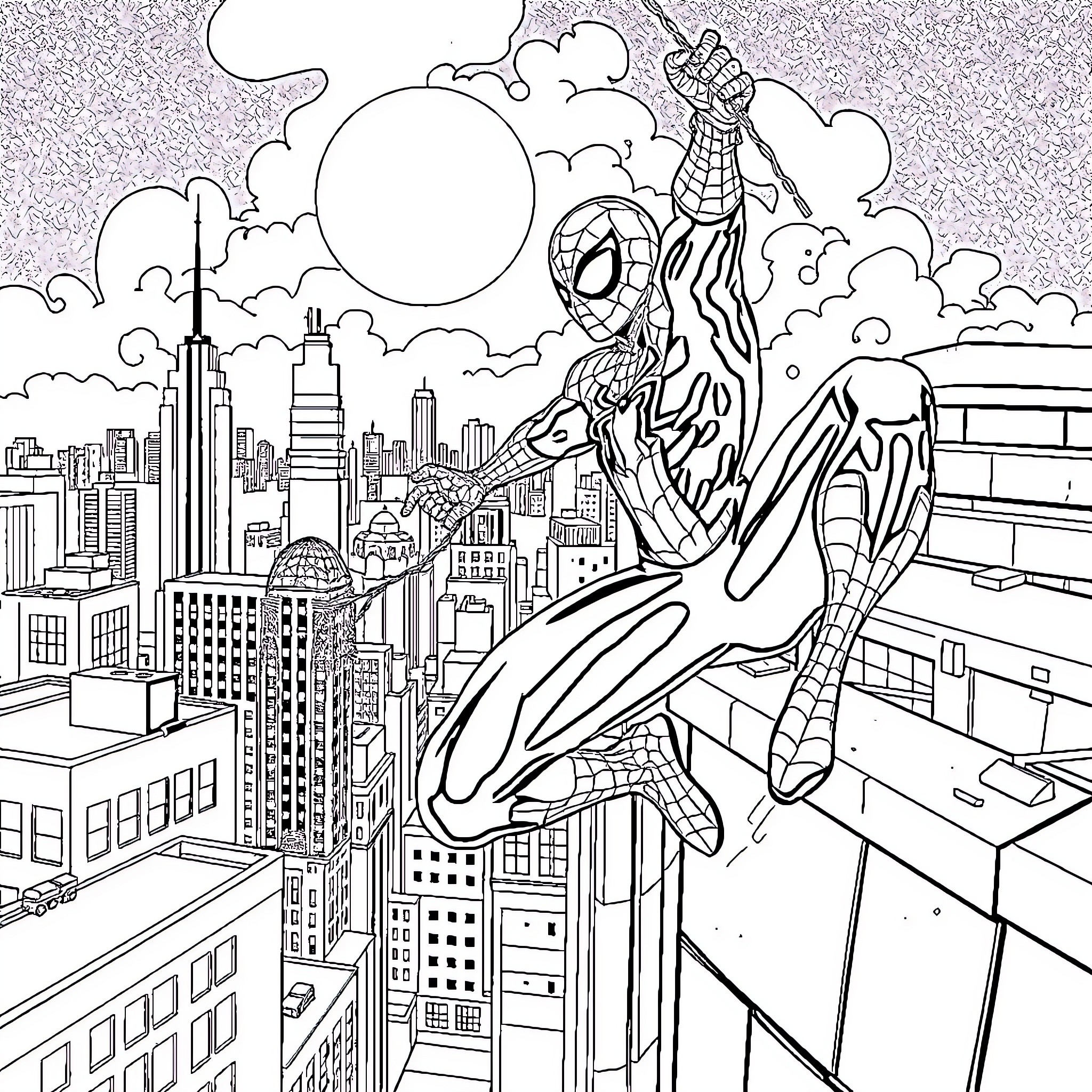 Spiderman swinging through the city skyline Coloring Page (free black-and-white line drawing printable PDF for all, from beginners to advanced learners, including children, teens, adults, and seniors)