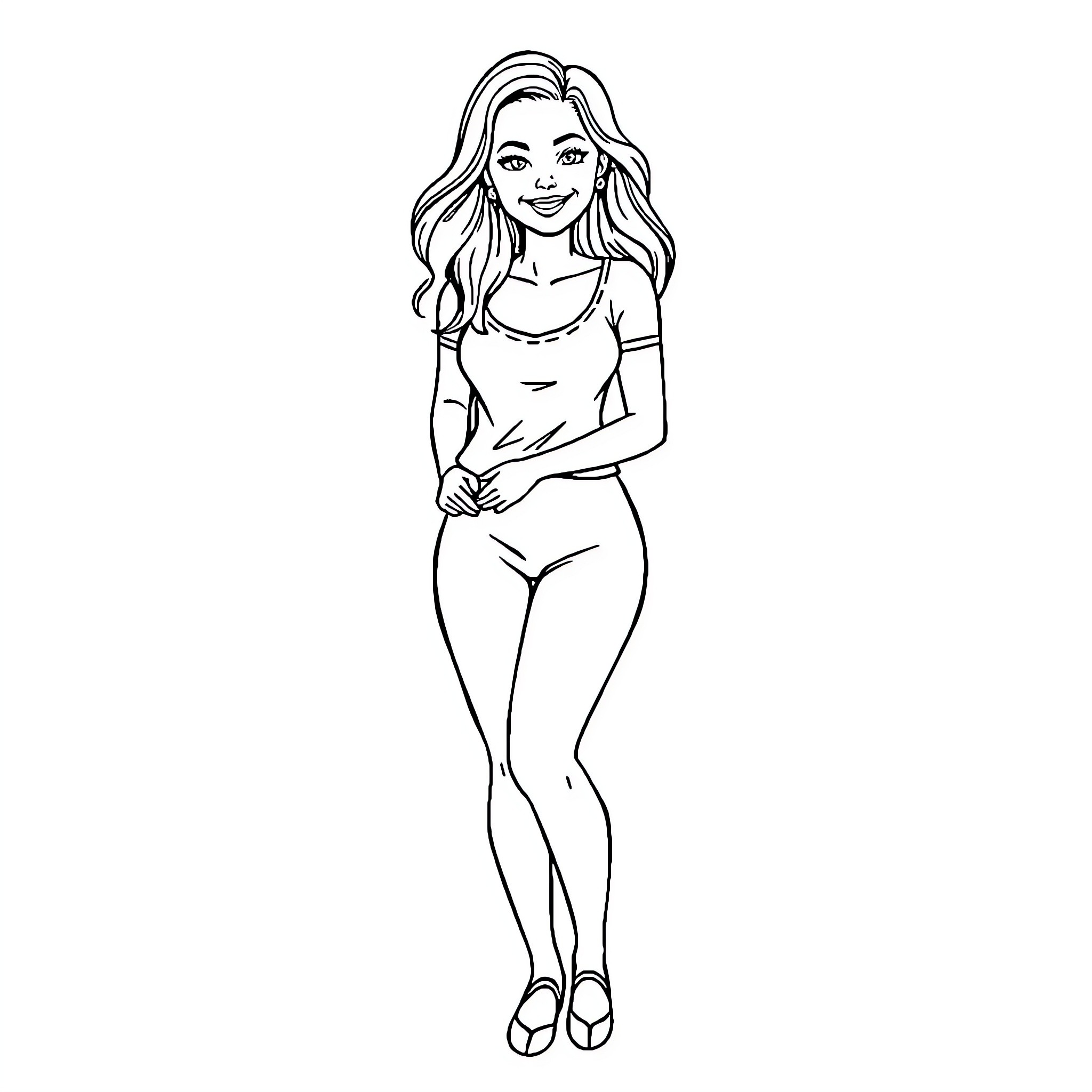 Woman in casual attire standing confidently Coloring Page (free black-and-white line drawing printable PDF for all, from beginners to advanced learners, including children, teens, adults, and seniors)