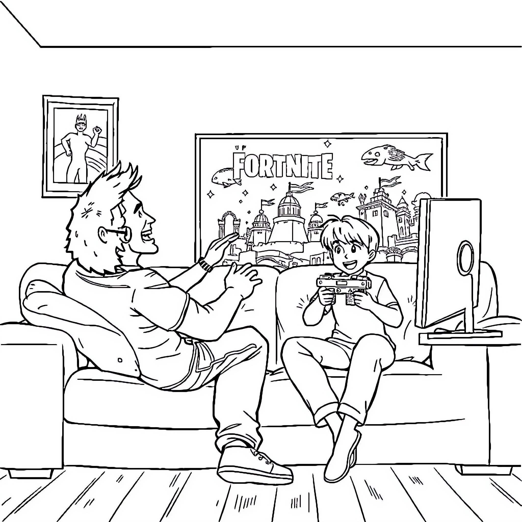 Dad and son bonding over video game Coloring Page (free black-and-white line drawing printable PDF for all, from beginners to advanced learners, including children, teens, adults, and seniors)