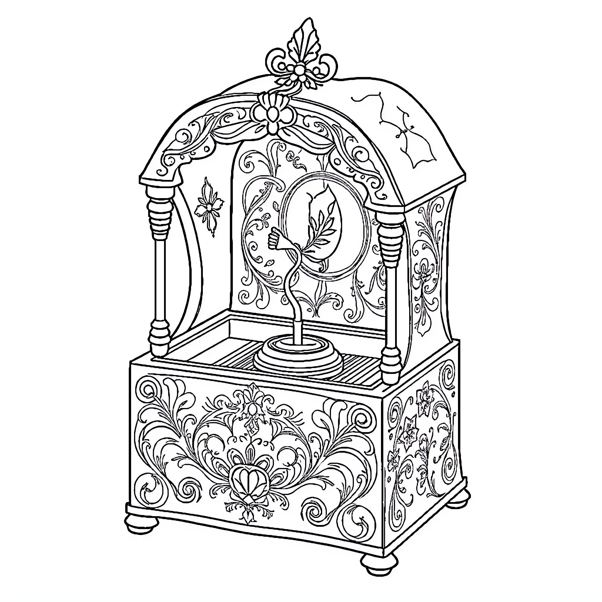 Music Box with Ornate Floral Design Coloring Page (free black-and-white line drawing printable PDF for all, from beginners to advanced learners, including children, teens, adults, and seniors)