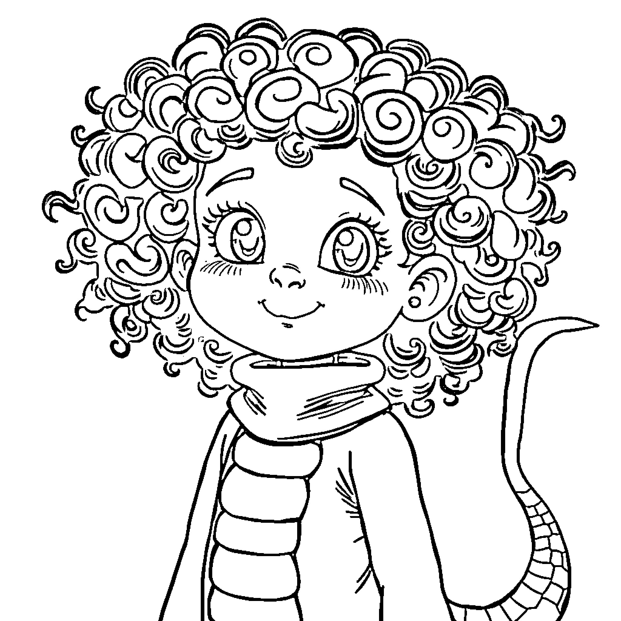 Girl with curly hair and a cheerful expression Coloring Page (free black-and-white line drawing printable PDF for all, from beginners to advanced learners, including children, teens, adults, and seniors)