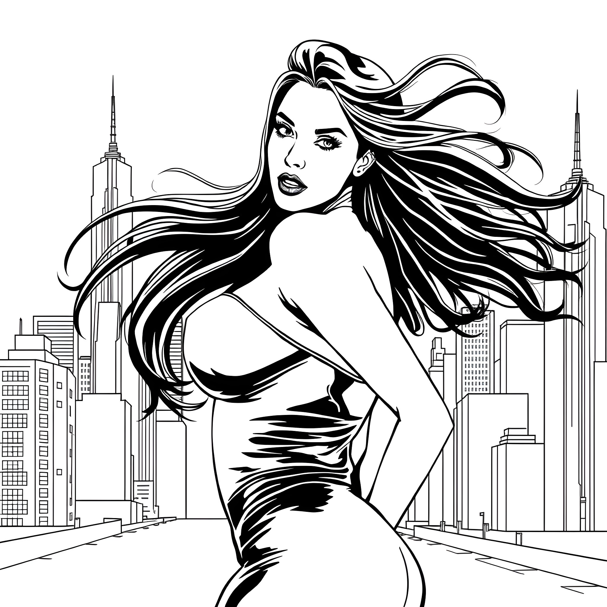 Megan Fox's Captivating City Silhouette Coloring Page (free black-and-white line drawing printable PDF for all, from beginners to advanced learners, including children, teens, adults, and seniors)