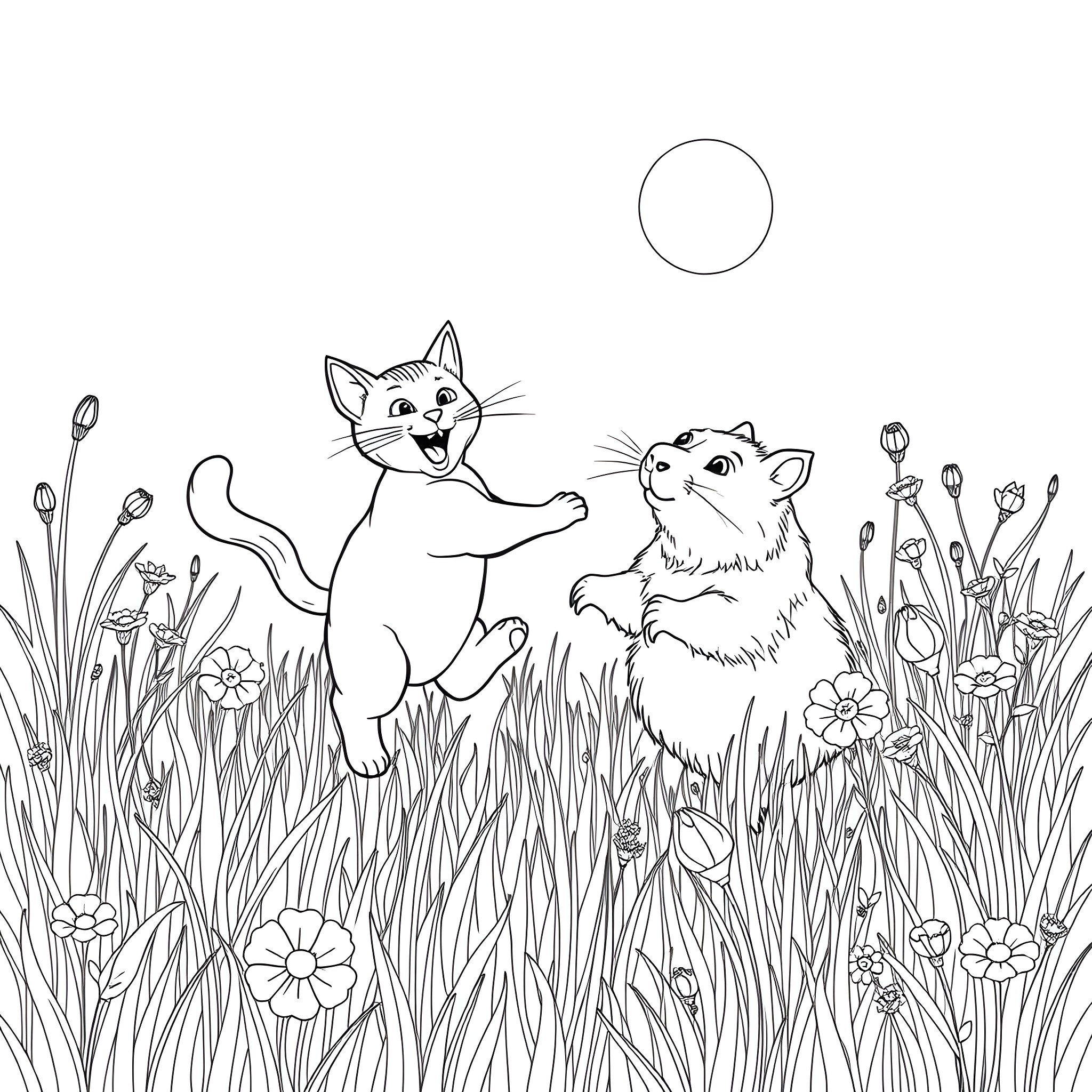 Cats playing happily in flower field Coloring Page (free black-and-white line drawing printable PDF for all, from beginners to advanced learners, including children, teens, adults, and seniors)