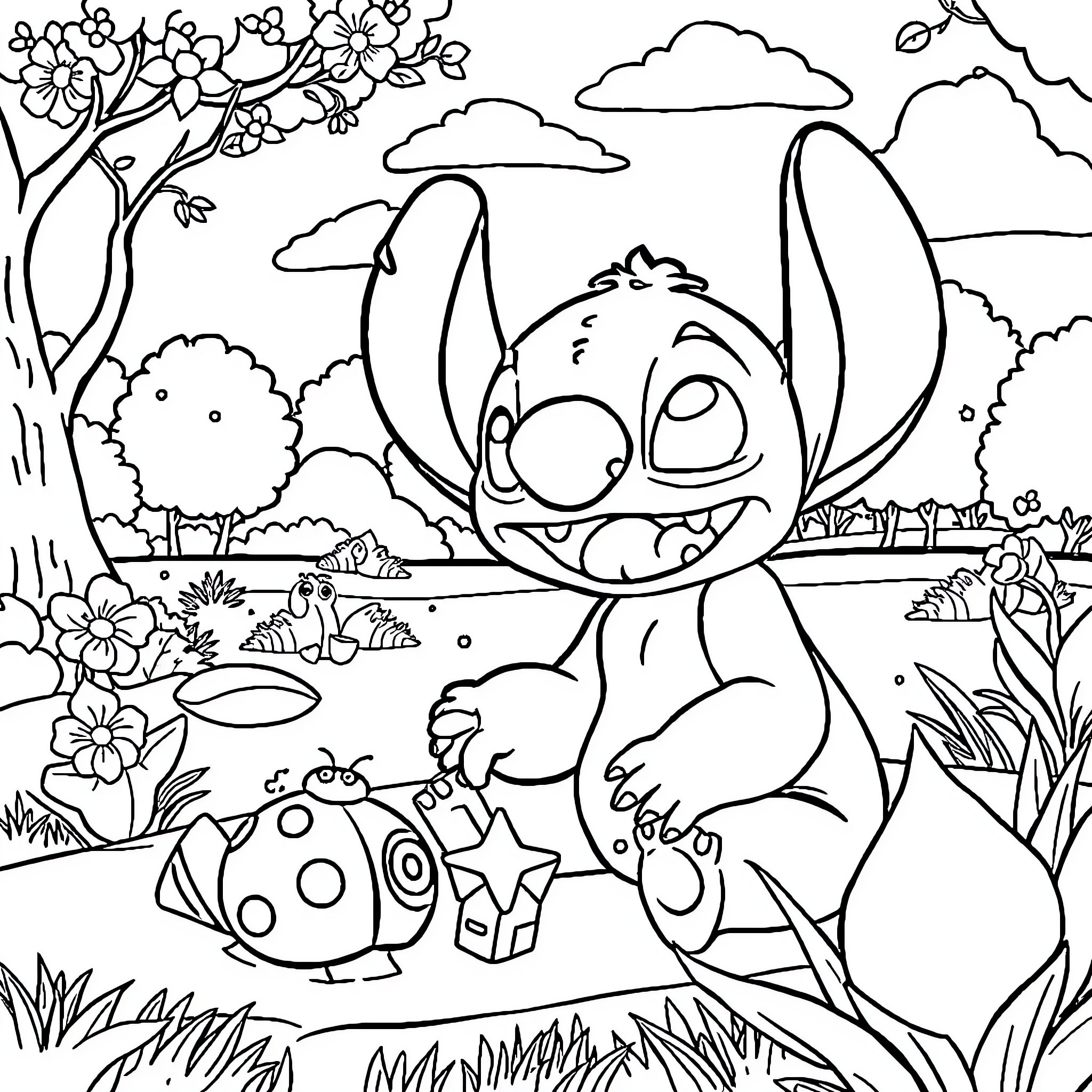 Stitch exploring nature with curiosity Coloring Page (free black-and-white line drawing printable PDF for all, from beginners to advanced learners, including children, teens, adults, and seniors)
