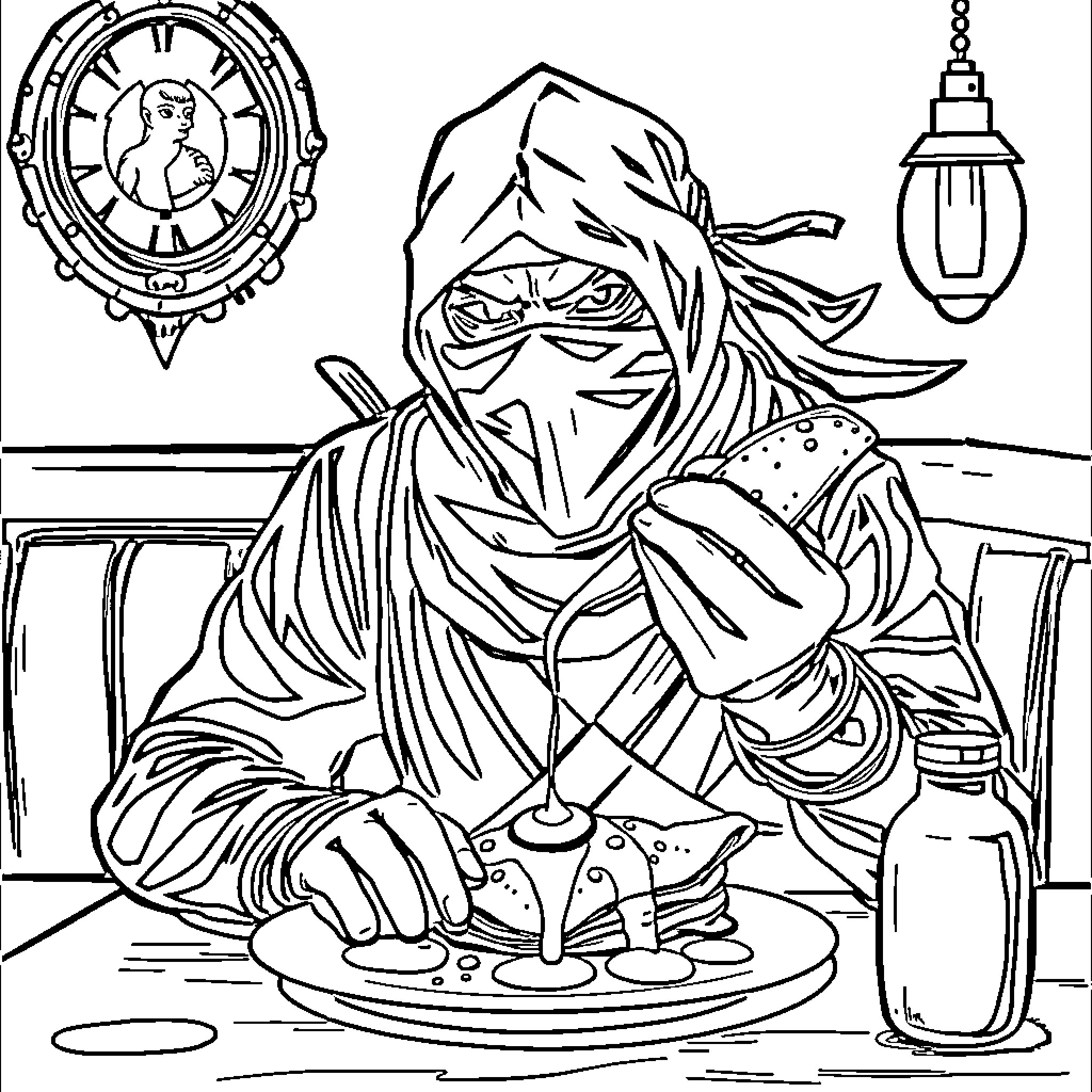 Ninja relaxing with a cup of tea in a cozy setting Coloring Page (free black-and-white line drawing printable PDF for all, from beginners to advanced learners, including children, teens, adults, and seniors)