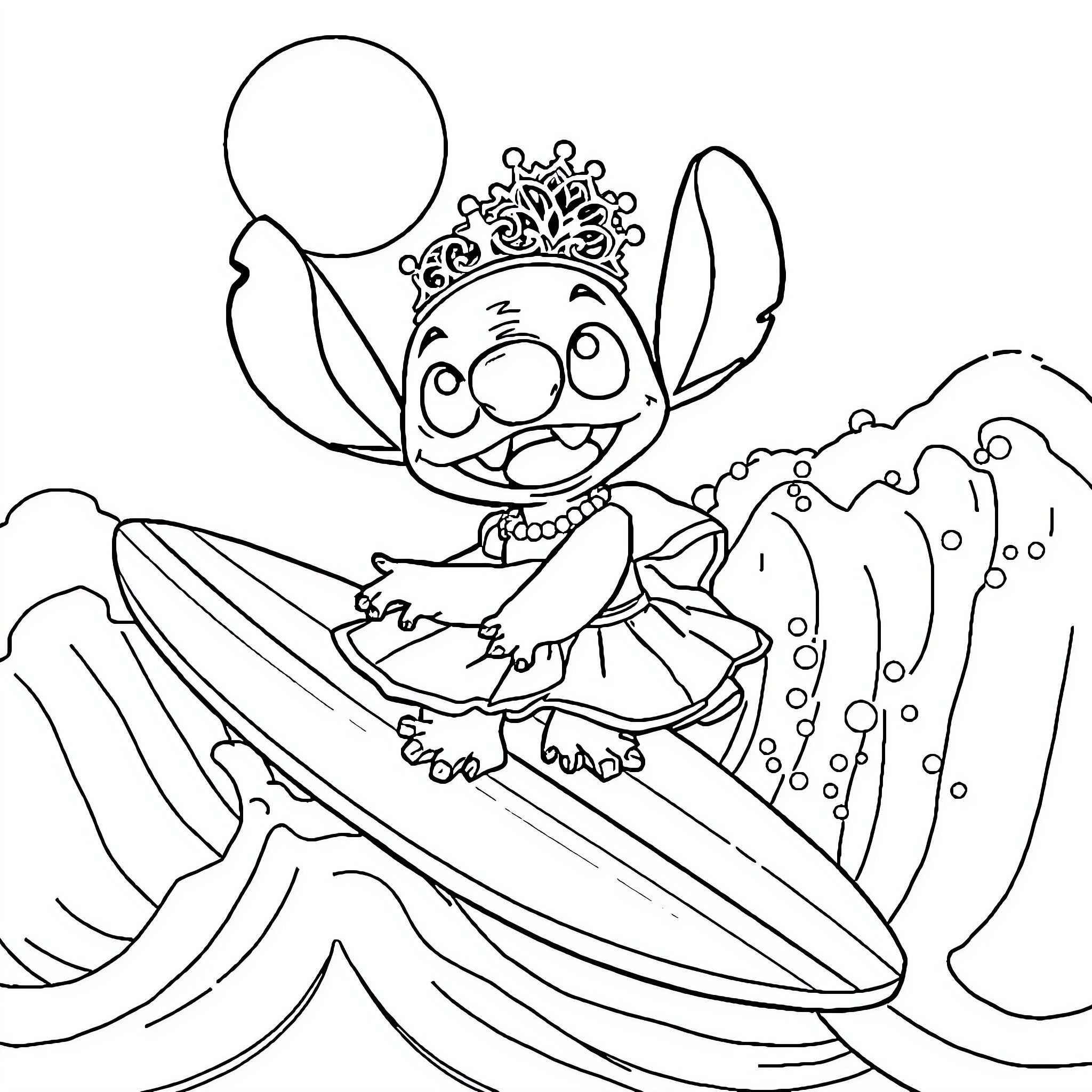 Stitch surfs the waves in a costume Coloring Page (free black-and-white line drawing printable PDF for all, from beginners to advanced learners, including children, teens, adults, and seniors)