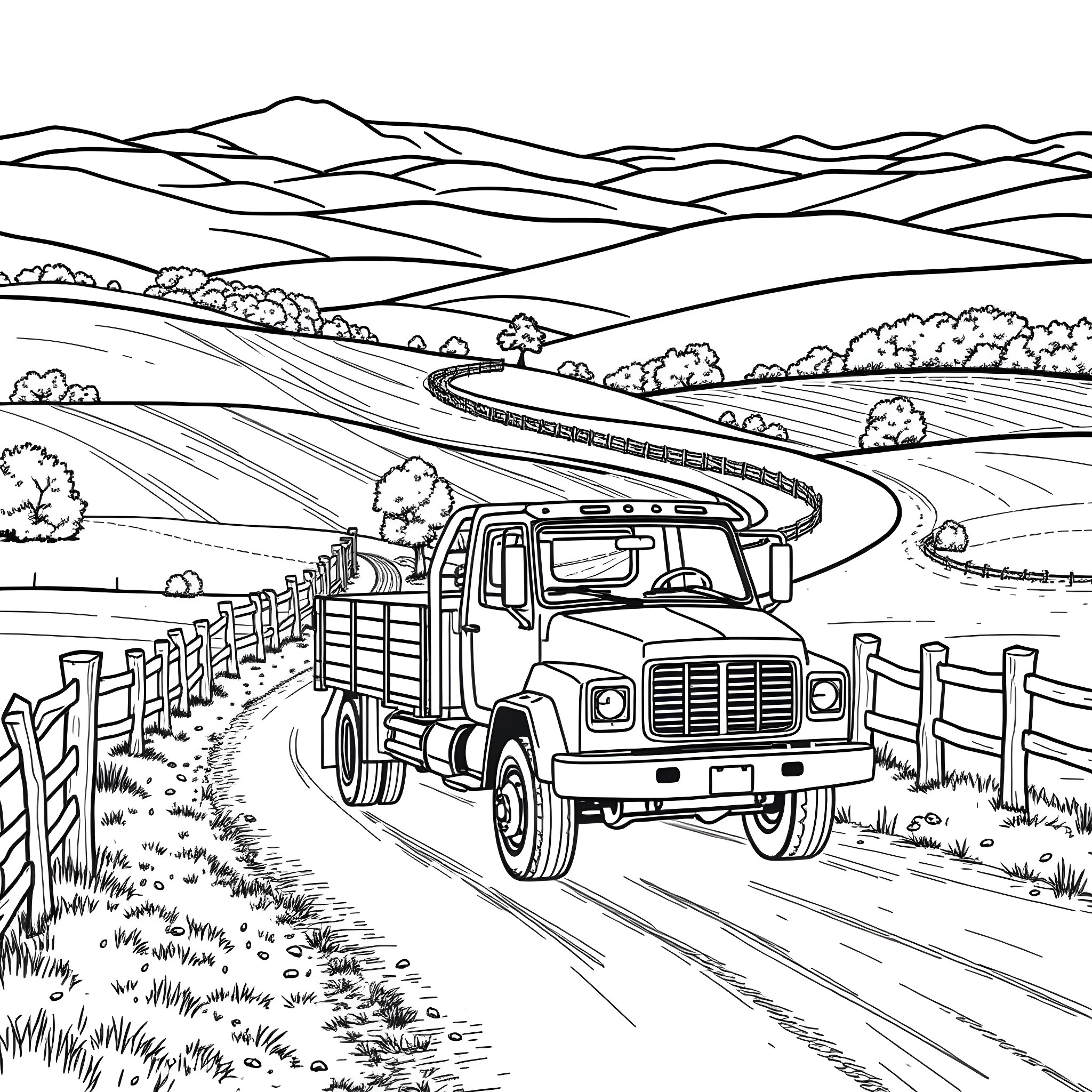 Truck Transporting Goods through Countryside Landscape Coloring Page (free black-and-white line drawing printable PDF for all, from beginners to advanced learners, including children, teens, adults, and seniors)