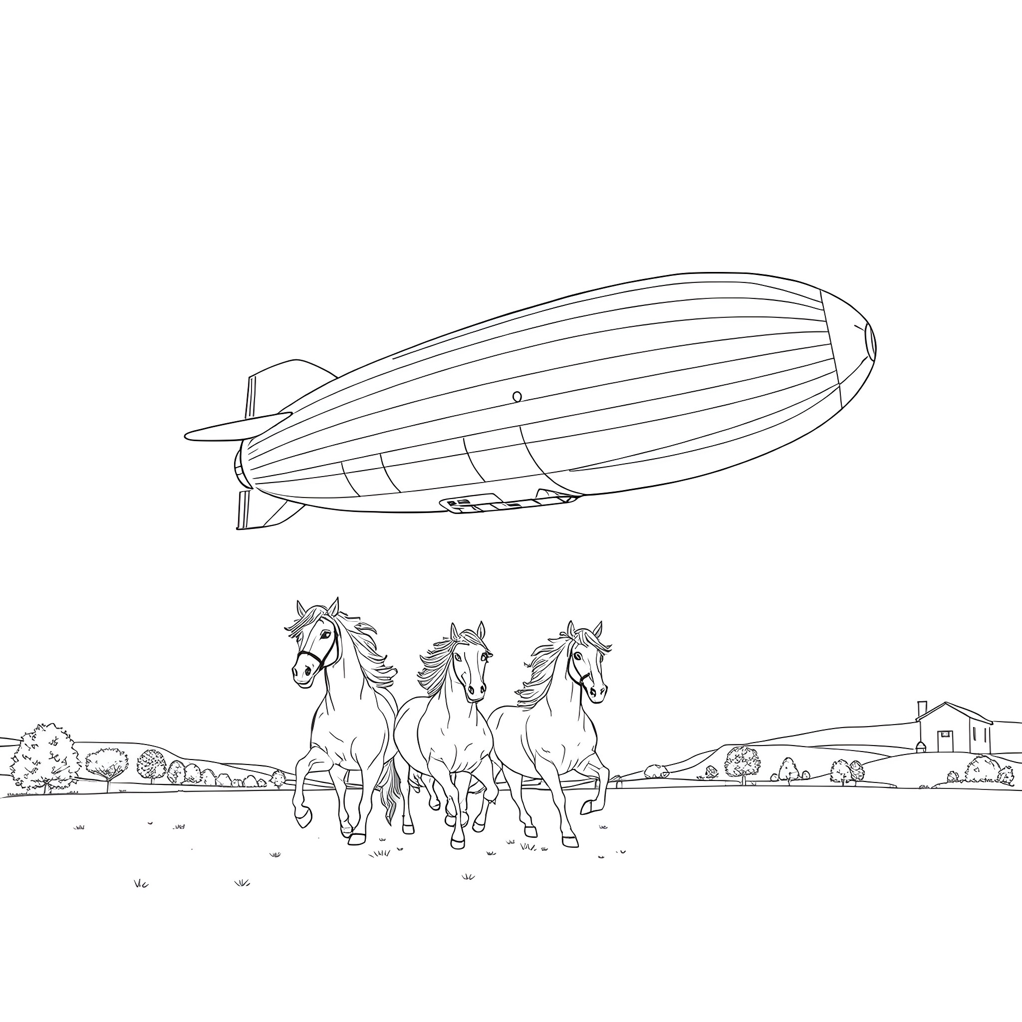 Hindenburg zeppelin flying over a rural landscape with running horses Coloring Page (free black-and-white line drawing printable PDF for all, from beginners to advanced learners, including children, teens, adults, and seniors)