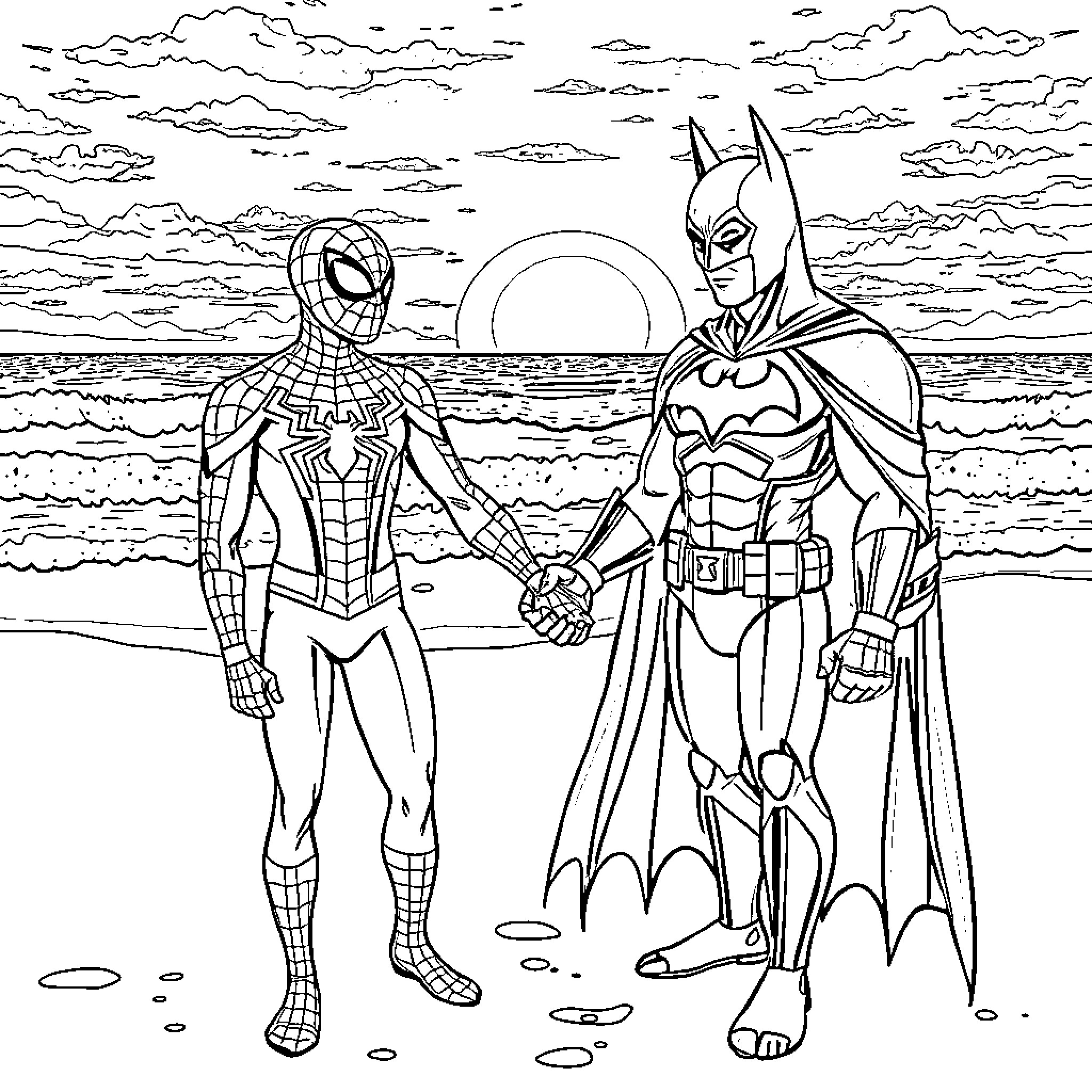 Spiderman and Batman: Superheroes at Sunset Coloring Page (free black-and-white line drawing printable PDF for all, from beginners to advanced learners, including children, teens, adults, and seniors)