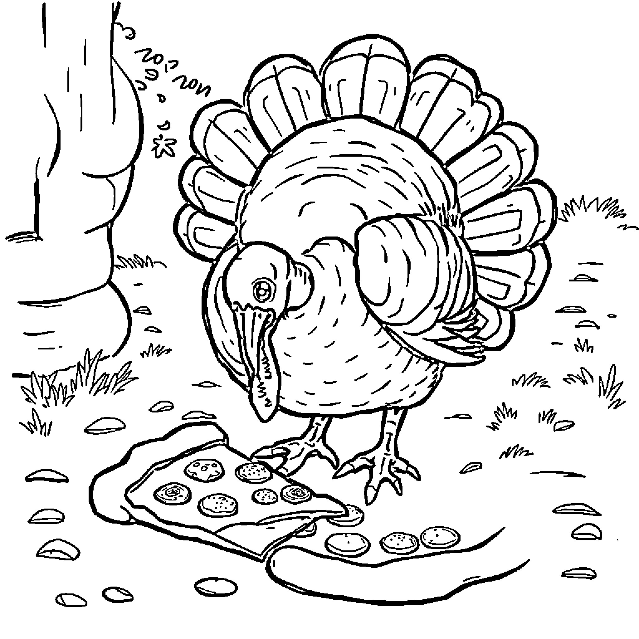 Turkey enjoying a pizza feast in the countryside Coloring Page (free black-and-white line drawing printable PDF for all, from beginners to advanced learners, including children, teens, adults, and seniors)