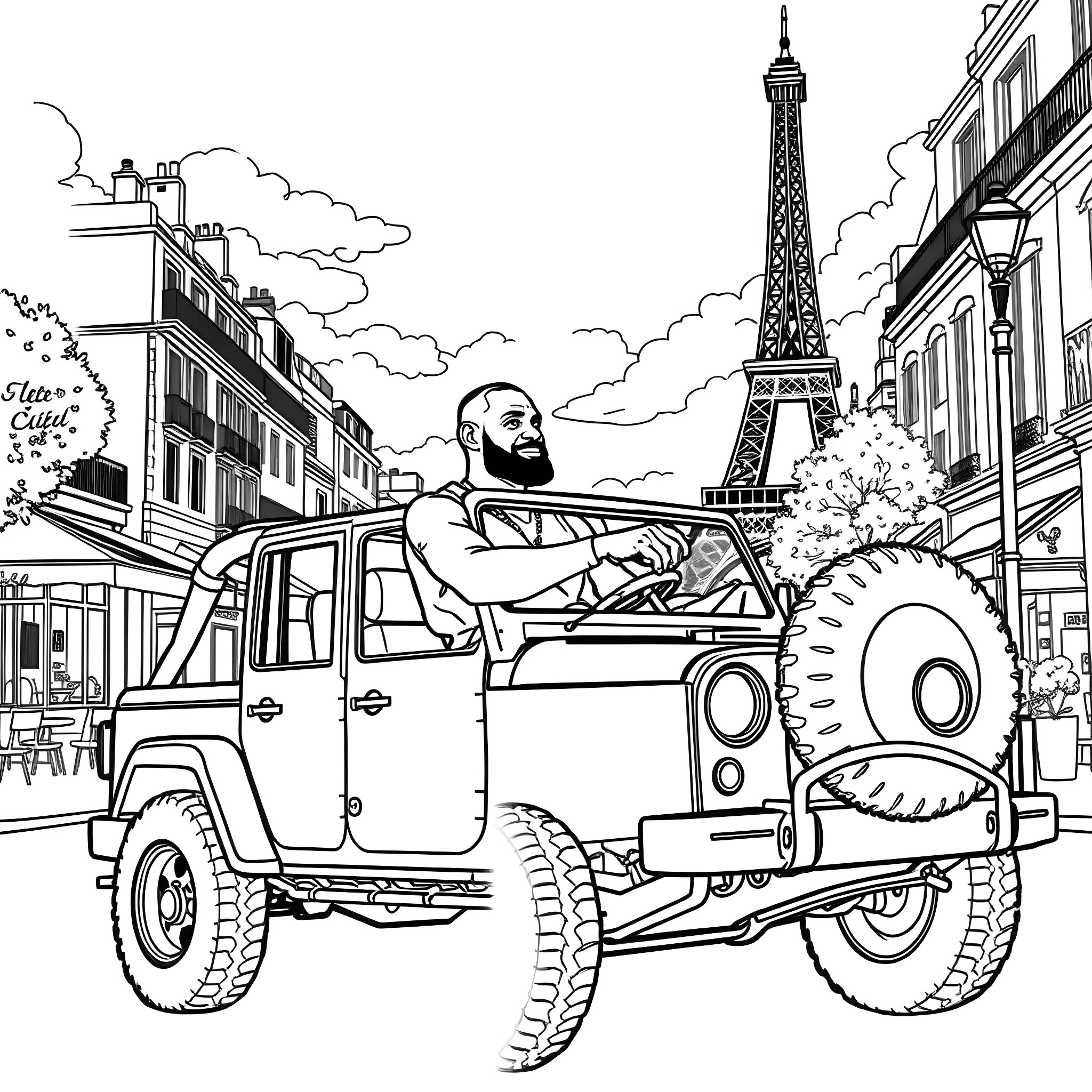 LeBron James drives a rugged off-road vehicle in a Parisian street Coloring Page (free black-and-white line drawing printable PDF for all, from beginners to advanced learners, including children, teens, adults, and seniors)