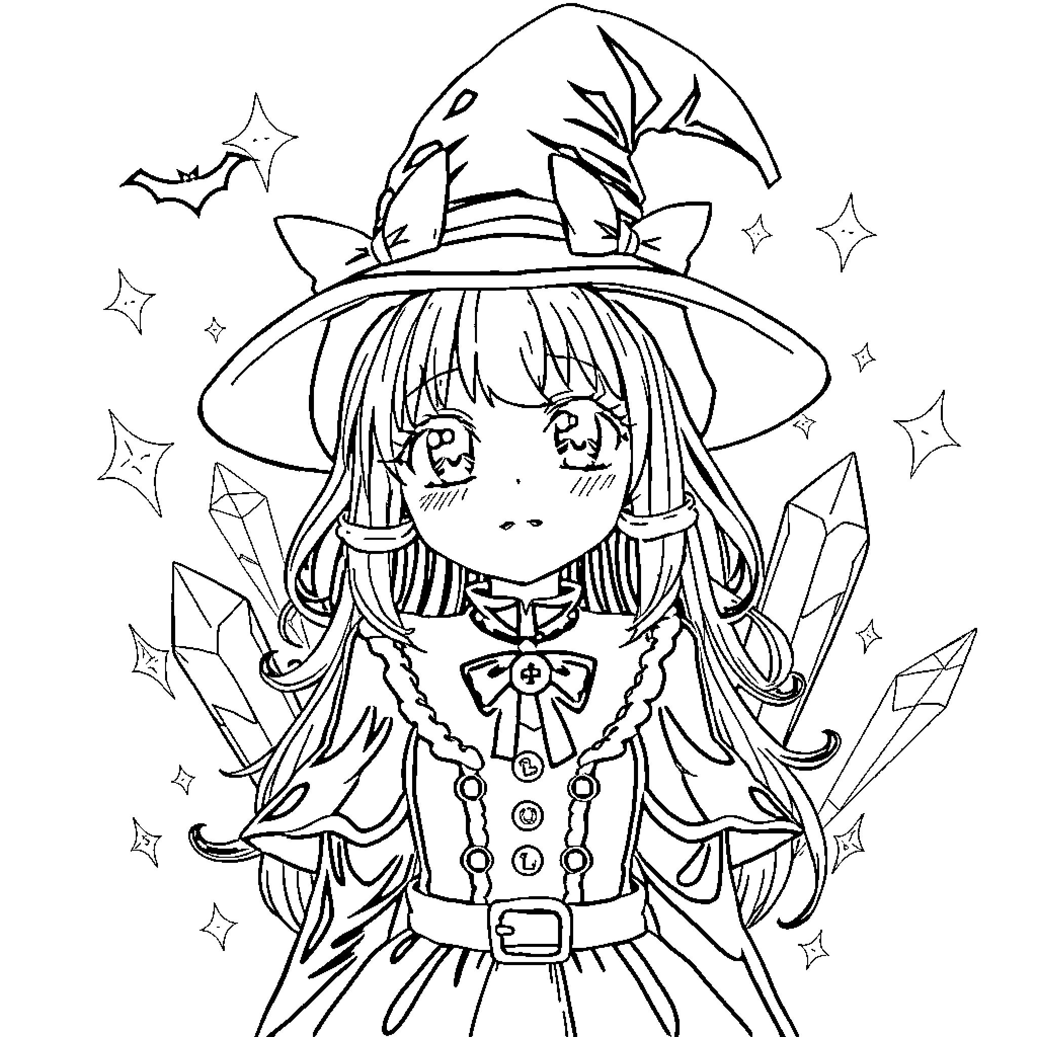 Anime Girl Witch with Starry Accents Coloring Page (free black-and-white line drawing printable PDF for all, from beginners to advanced learners, including children, teens, adults, and seniors)
